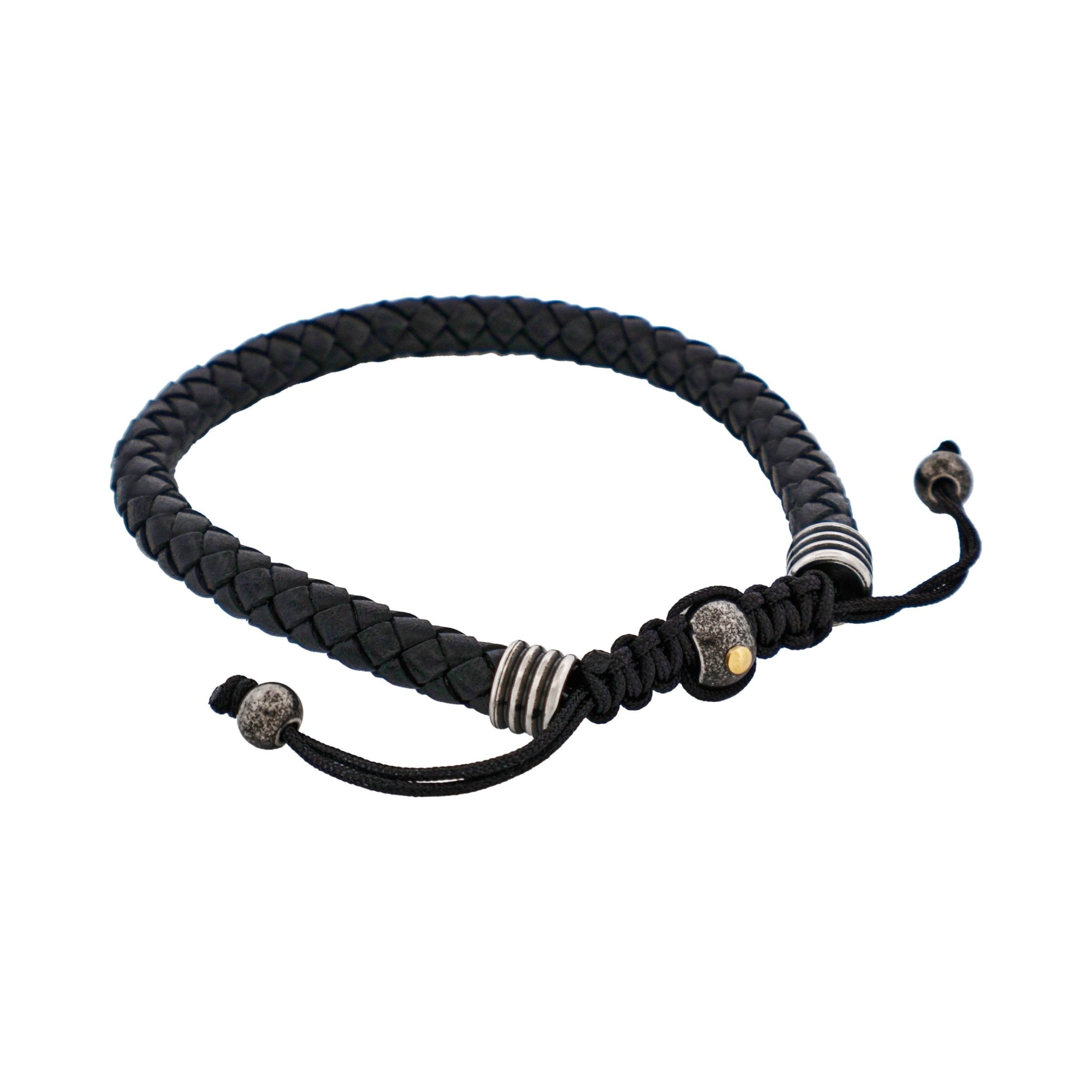 Stainless Steel & Black Leather Macrame Bracelet
