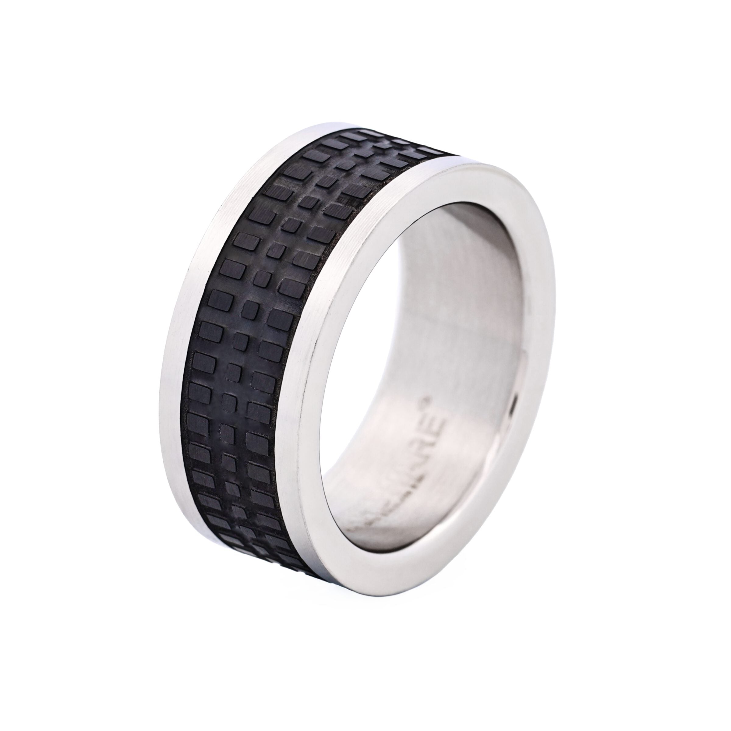Brushed Steel and Ion Plated Black Tyre Pattern Ring