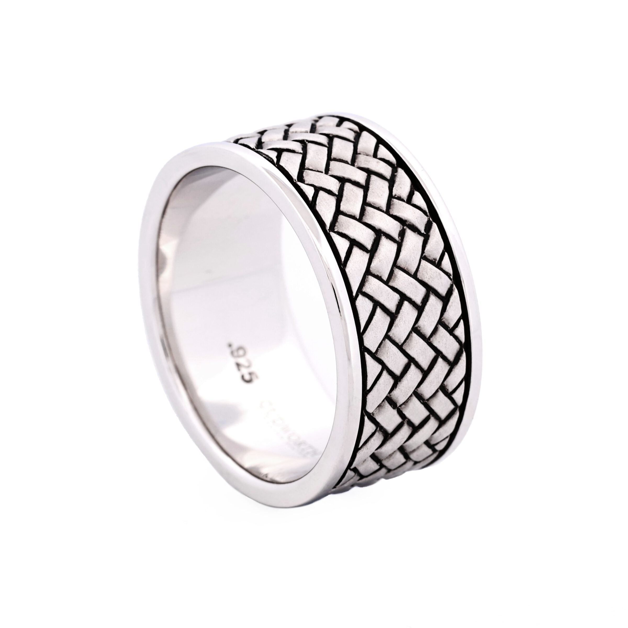 Polished and Oxidised Rhodium Plated Sterling Silver Ring with Celtic Centre Pattern