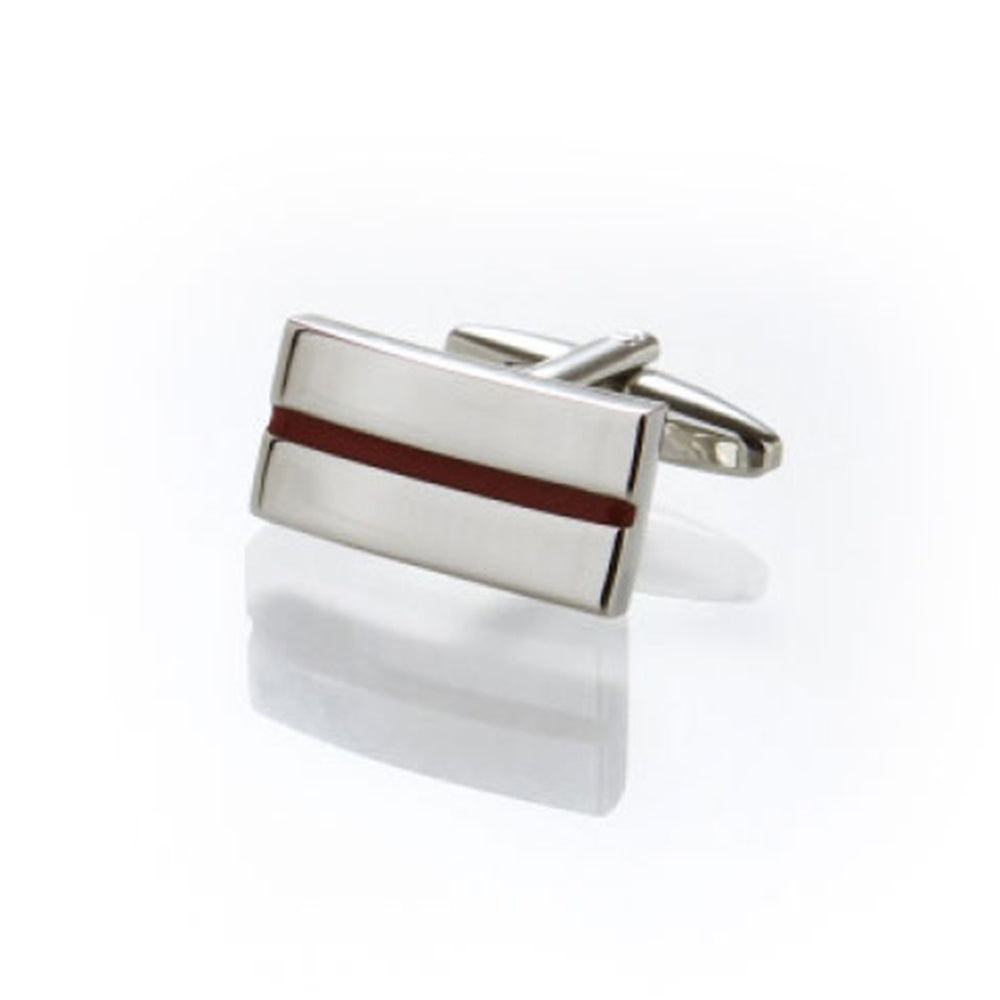 Brushed Rhodium Plated Rectangle Cufflinks with Red Centre Striped Enamel Inlay