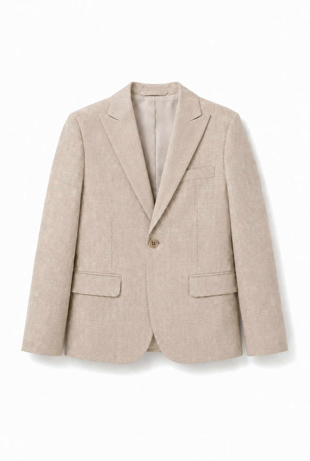 A light beige textured blazer with a single button closure, notch lapels, and flap pockets, displayed on a clean white background.