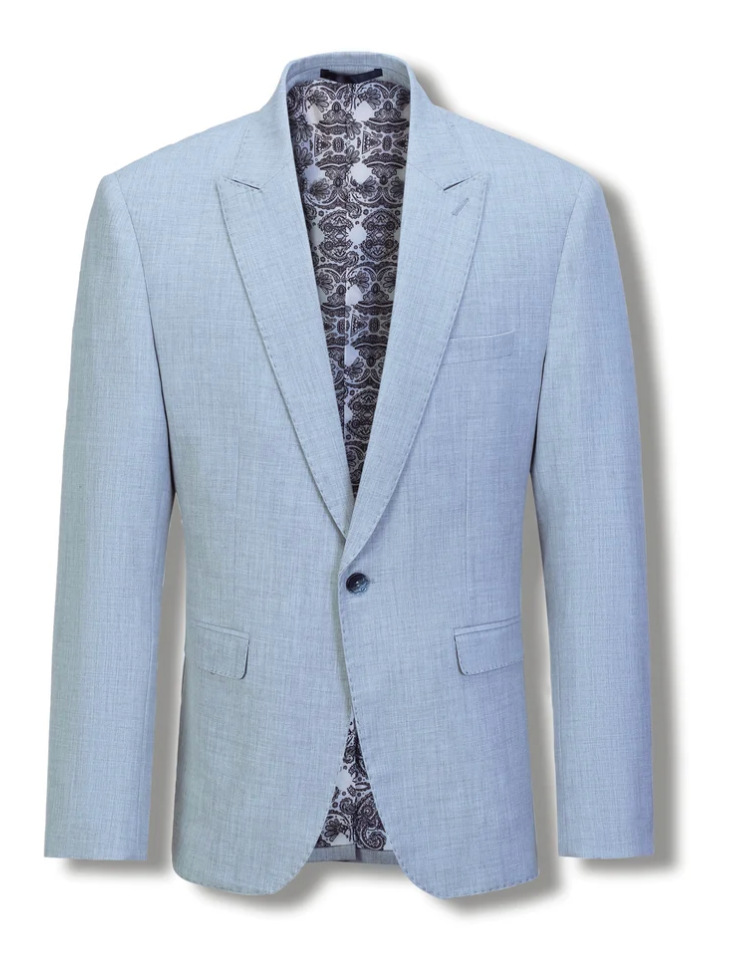 A light blue textured blazer jacket with a single button closure, displayed on a white background with a patterned shirt underneath.