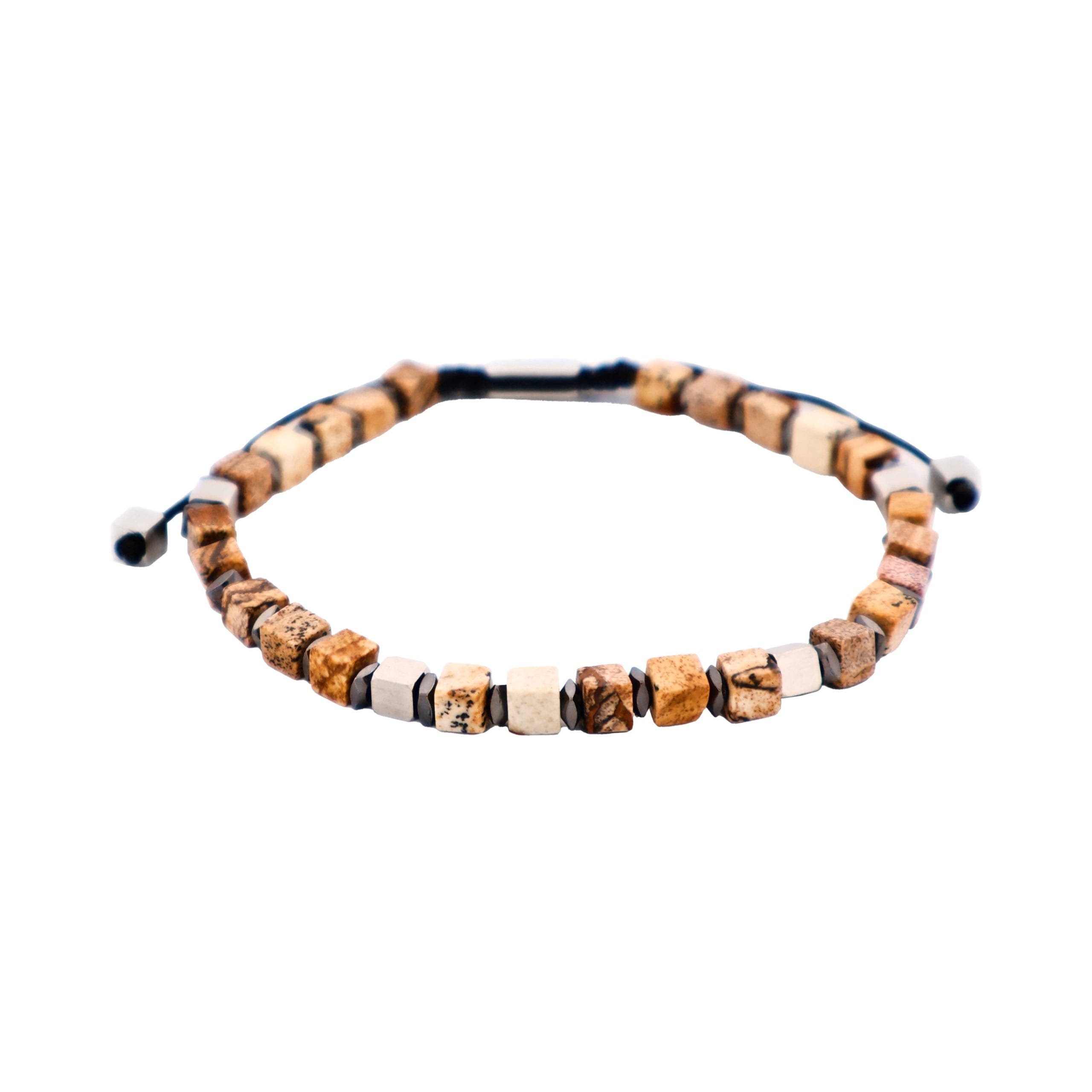 Savage - Semi-Precious Stone with Brass Beads- Stainless Steel Macrame Bracelet