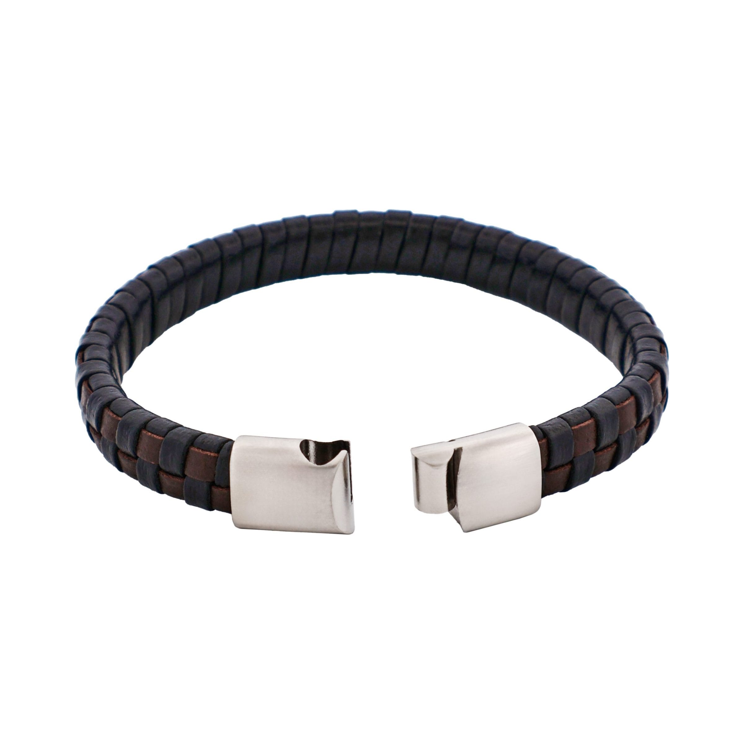 Brown & Black Braided Leather & Steel Bracelet