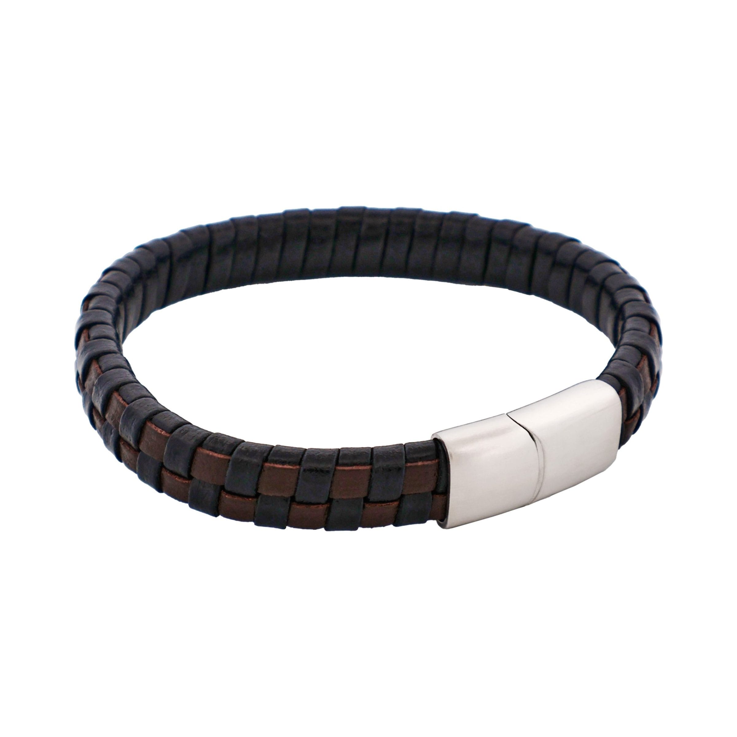 Brown & Black Braided Leather & Steel Bracelet