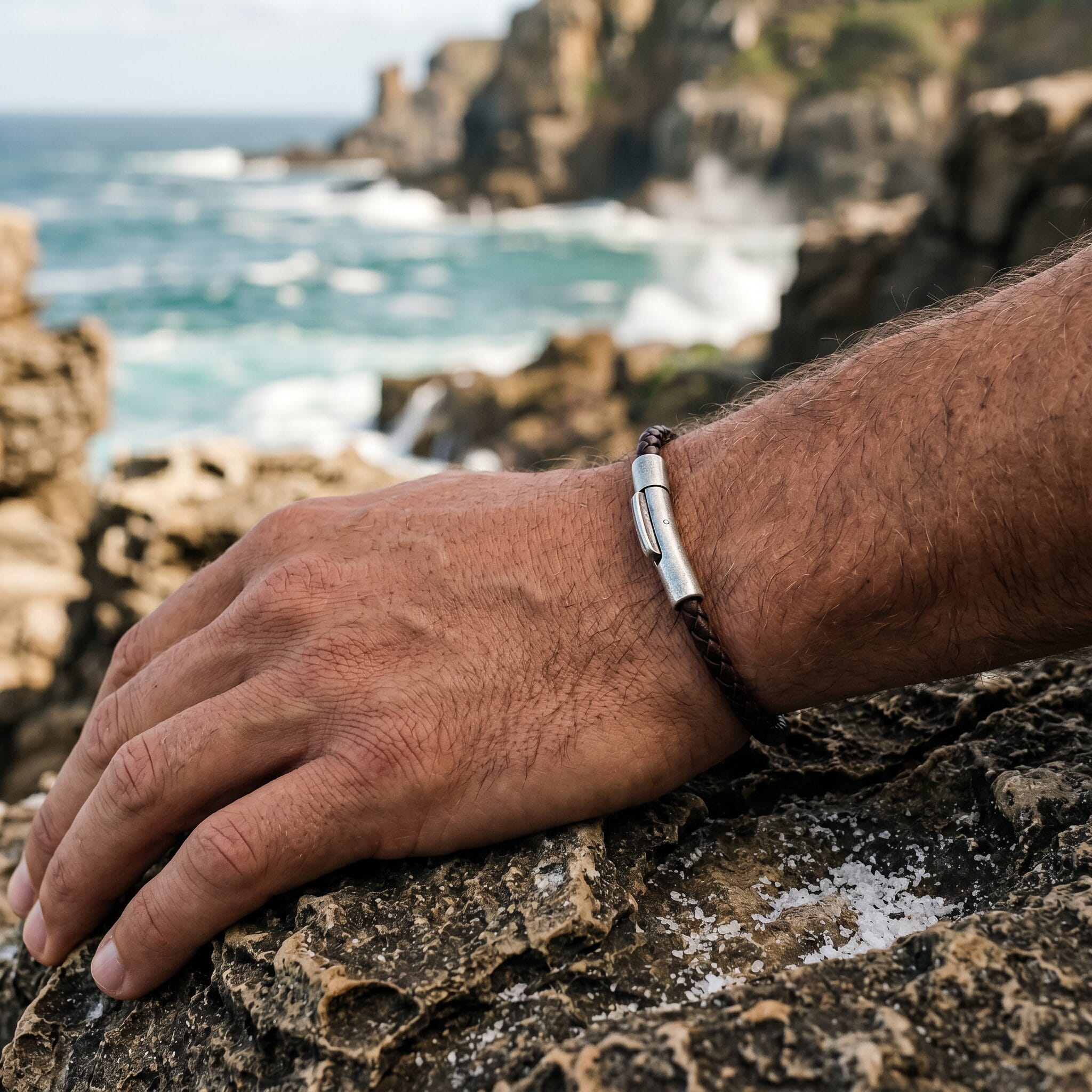 Cudworth MAGRO Leather 3mm with stainless steel clasp bracelet 21.5MM - MARRONE SCURO