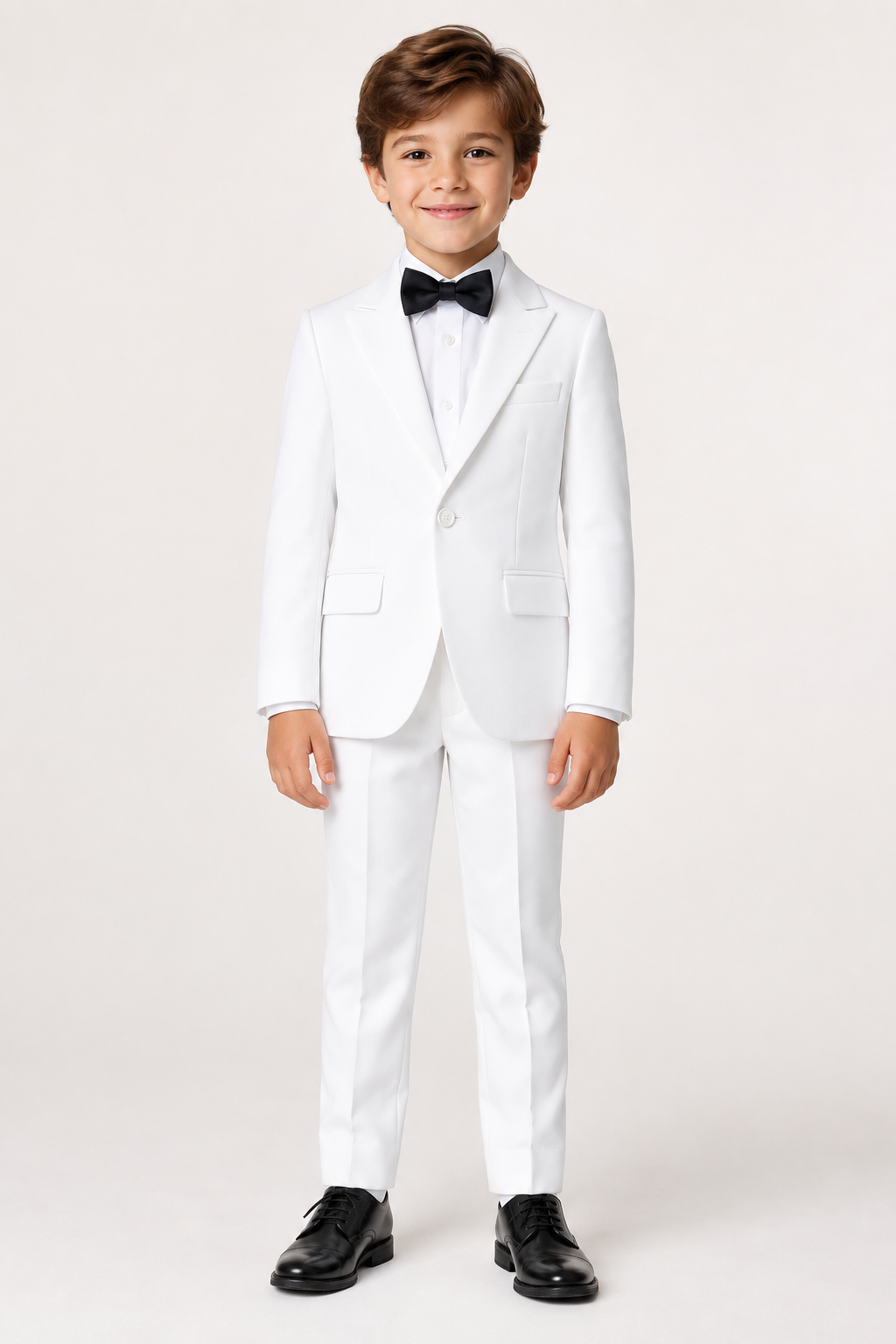 A young boy modeling a white formal kids' tuxedo suit with a white dress shirt, black bow tie, and black dress shoes, standing against a light off-white studio background.
