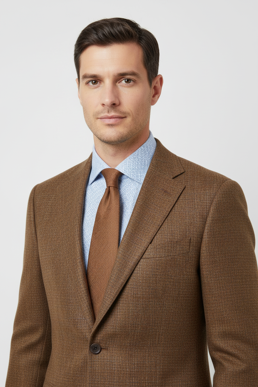 BFC2572 — Sky Blue Shirt with Rembrandt Lyon Brown Blazer & Cappuccino Self-Pattern Tie
