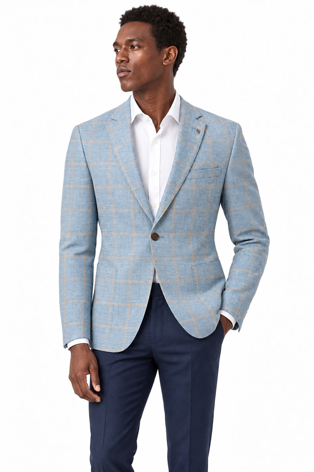Model wearing Zeke FUW524 light blue linen-cotton overcheck sports coat in studio