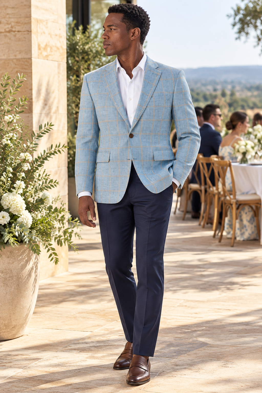 Zeke FUW524 light blue overcheck sports coat styled for an outdoor occasion