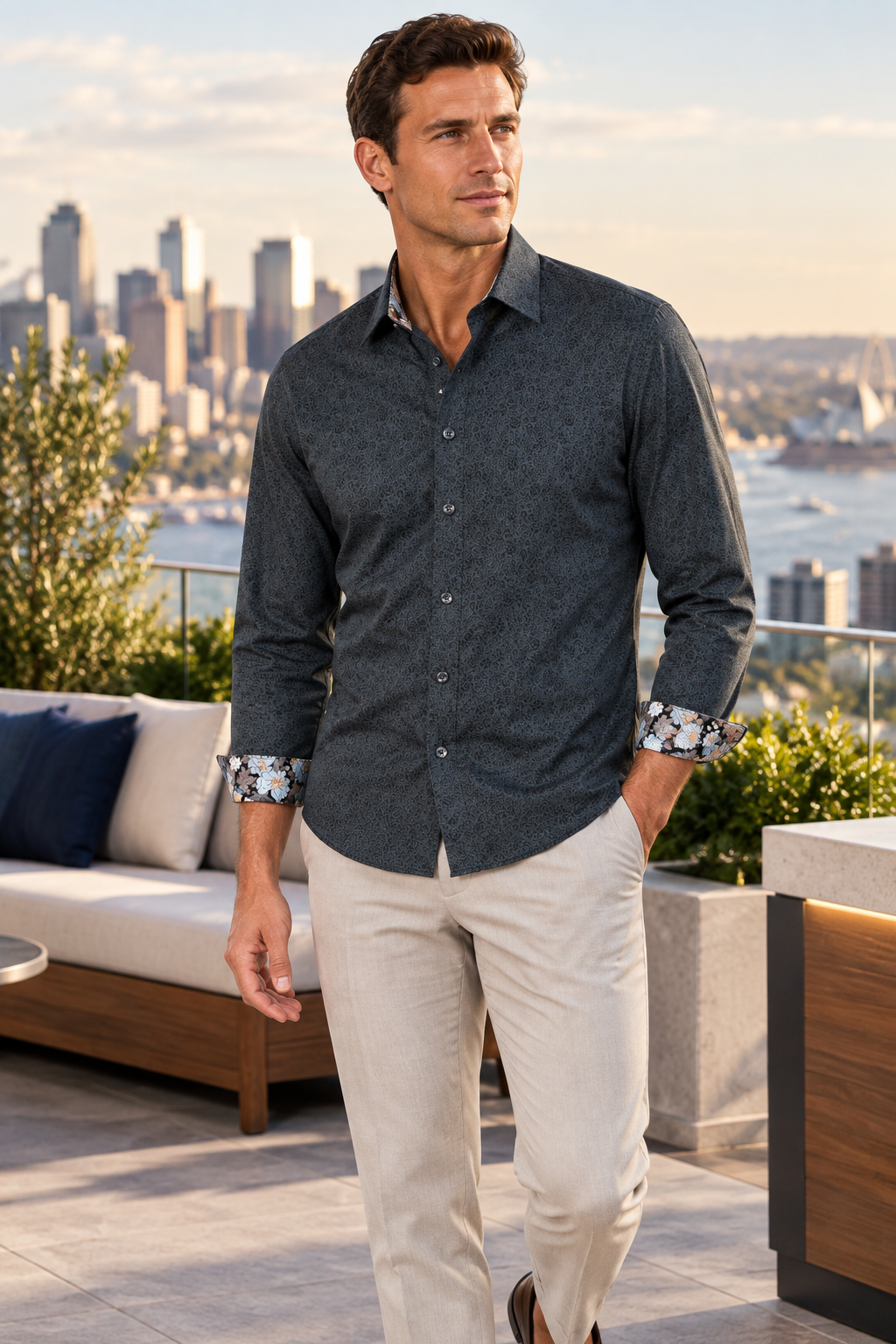 Man wearing Brooksfield BFC2659 charcoal grey patterned stretch business shirt in a rooftop setting