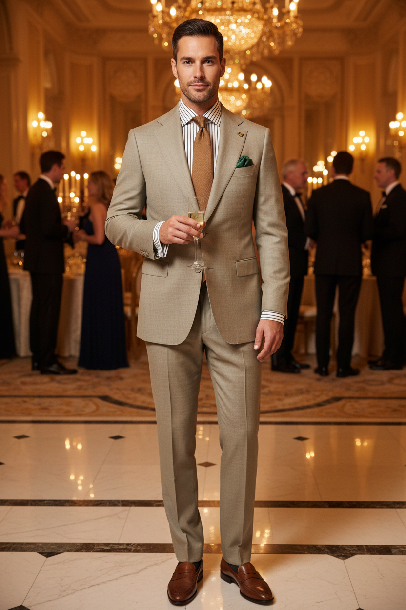 Savile Row Super 140’s Gold Standard Merino Wool Two-Piece Suit in Stone — lifestyle editorial at black-tie gala event