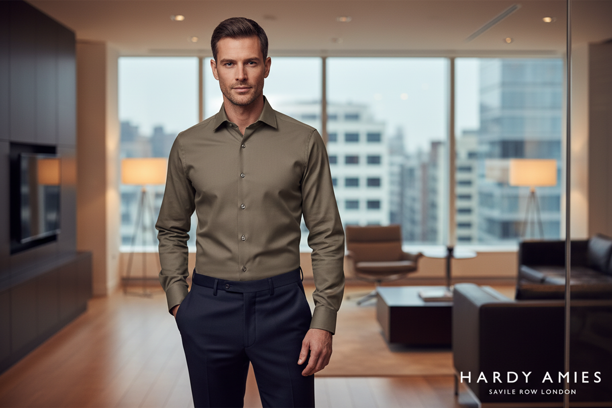 Hardy Amies Chocolate Plain Business Shirt — lifestyle hero image