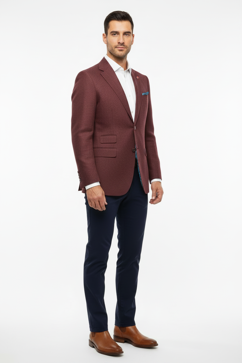 Savile Row Abram Sports Coat in wine — studio front view with Eterna shirt, navy Meyer Diego chino and cognac Florsheim boot