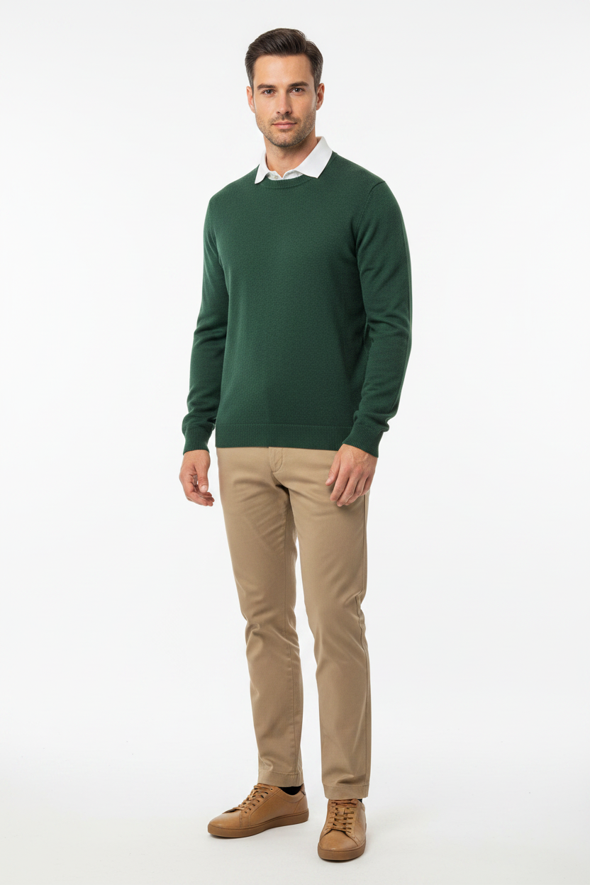 Interknit Angus Crew Neck Forest — Studio Front