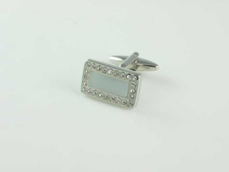 Rhodium Plated White Cat's Eye & Crystal Rectangle Cufflinks