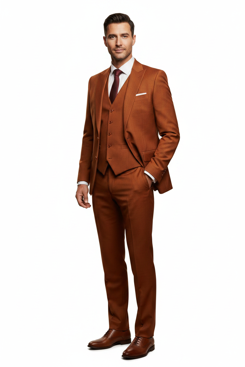 Rust Three-Piece Suit - White Background with Tie