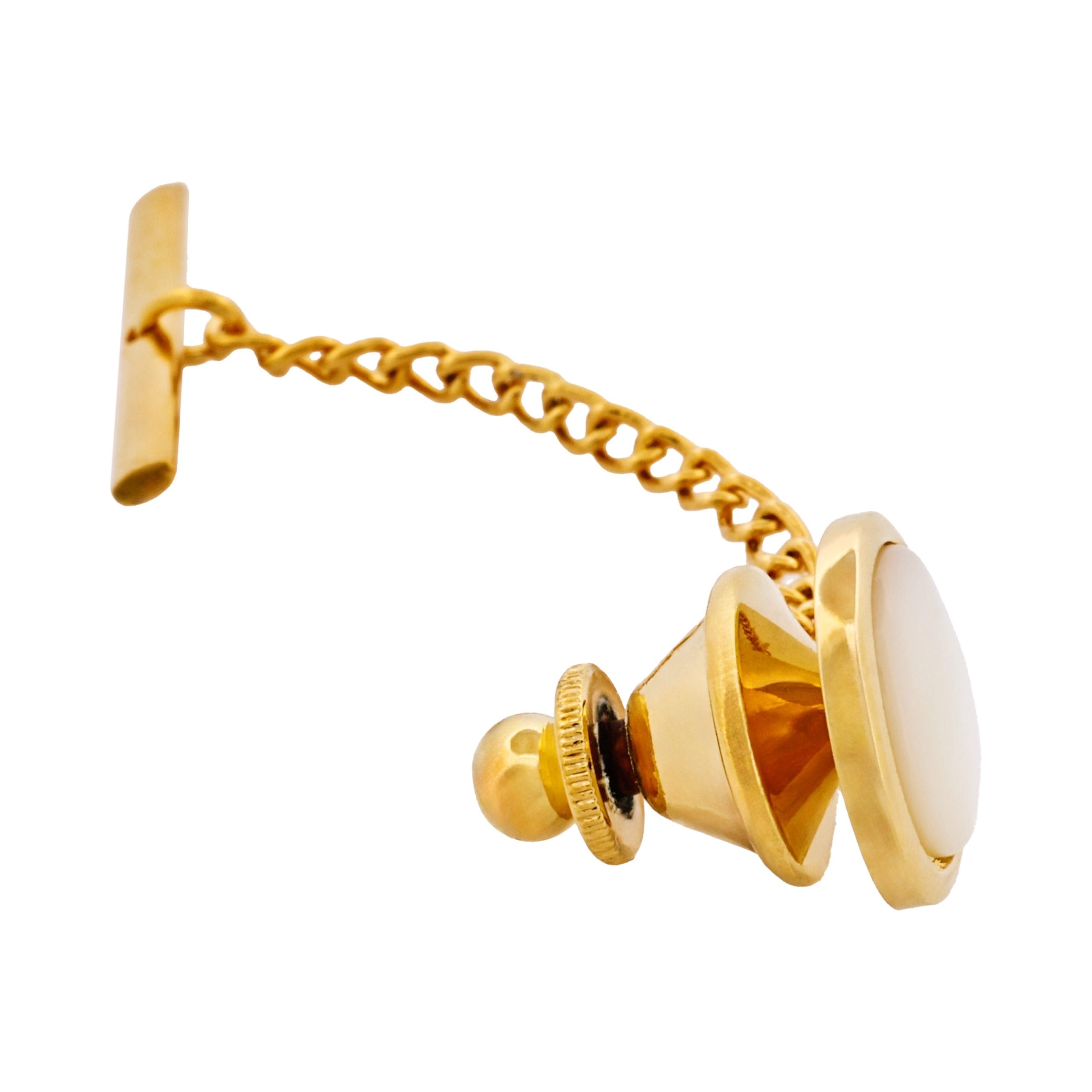 Gold Plated & Mop Oval Tie Tak & Chain