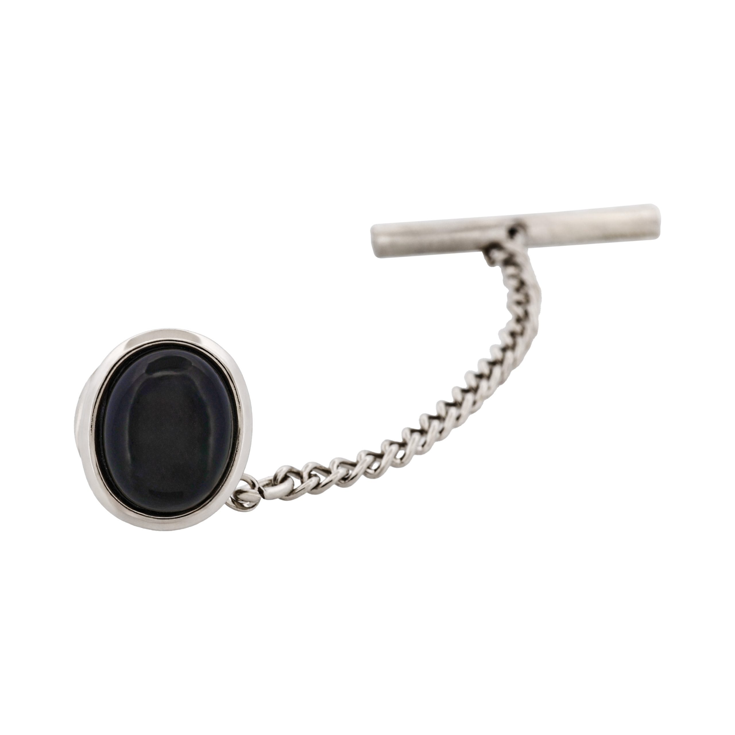 Rhodium Plated Onyx & Oval Tie Tak & Chain