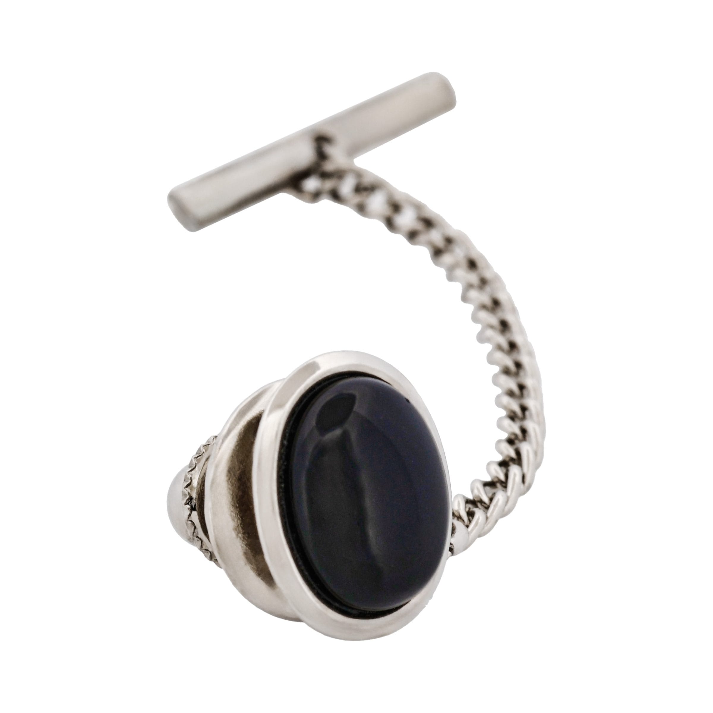 Rhodium Plated Onyx & Oval Tie Tak & Chain