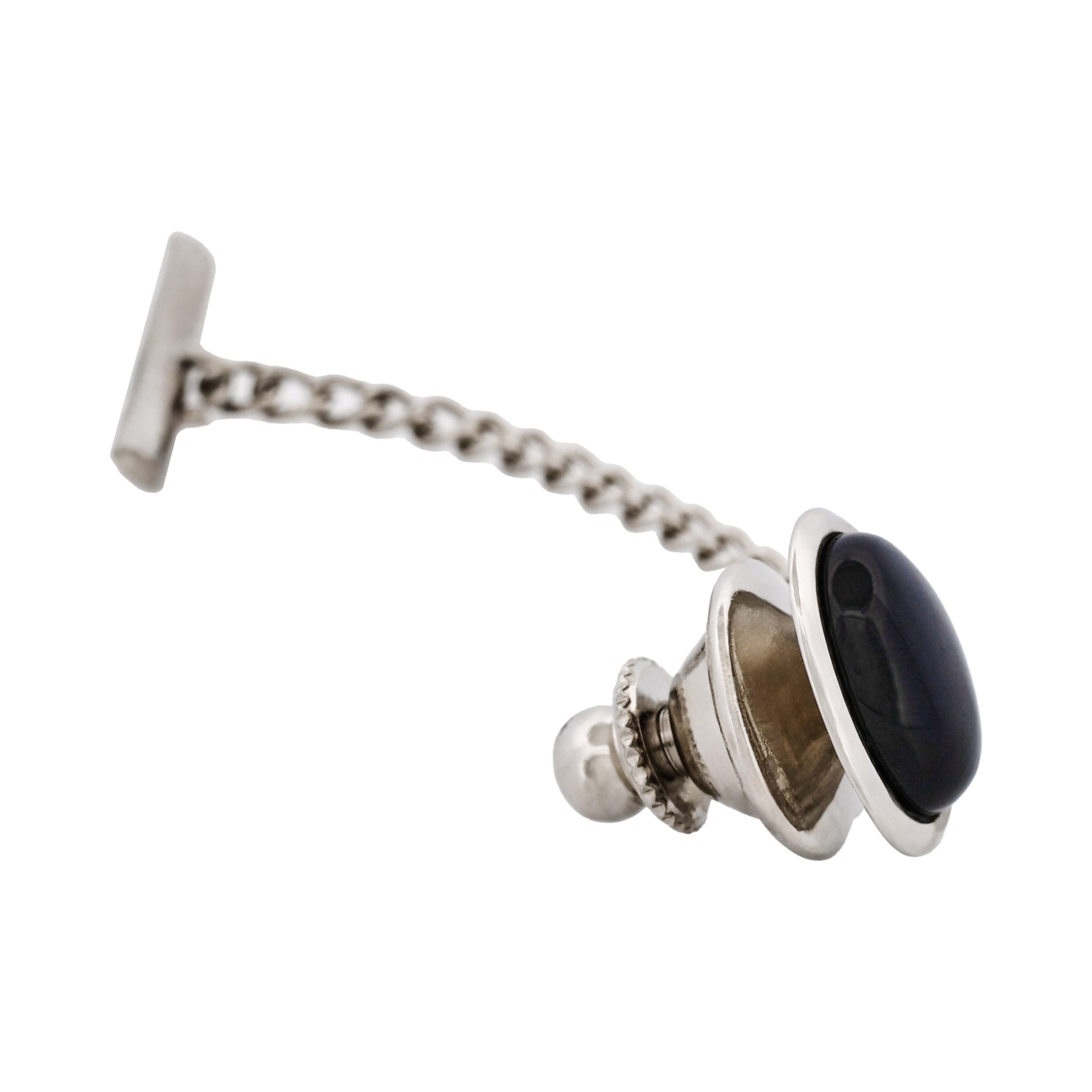 Rhodium Plated Onyx & Oval Tie Tak & Chain