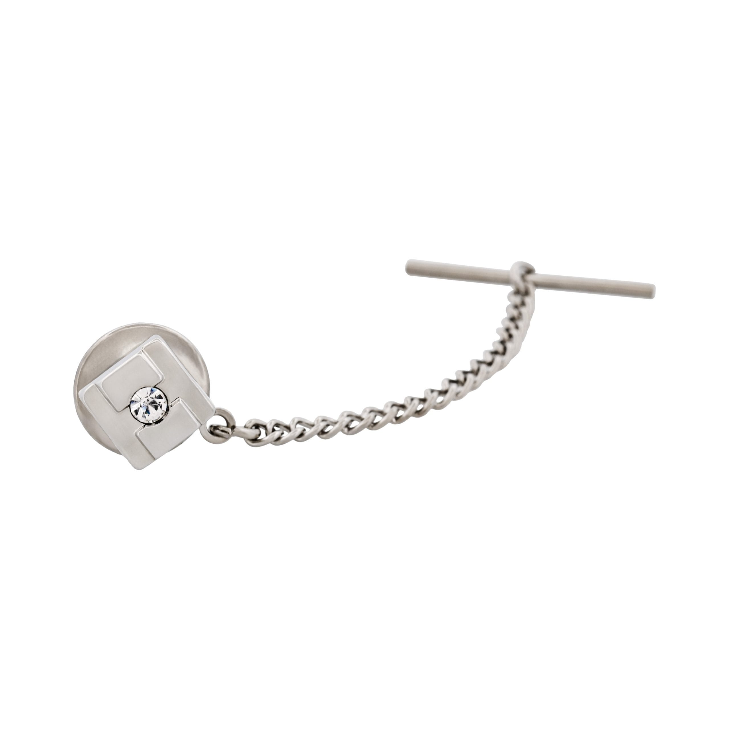 Rhodium Plated & Crystal Tie Tak & Chain