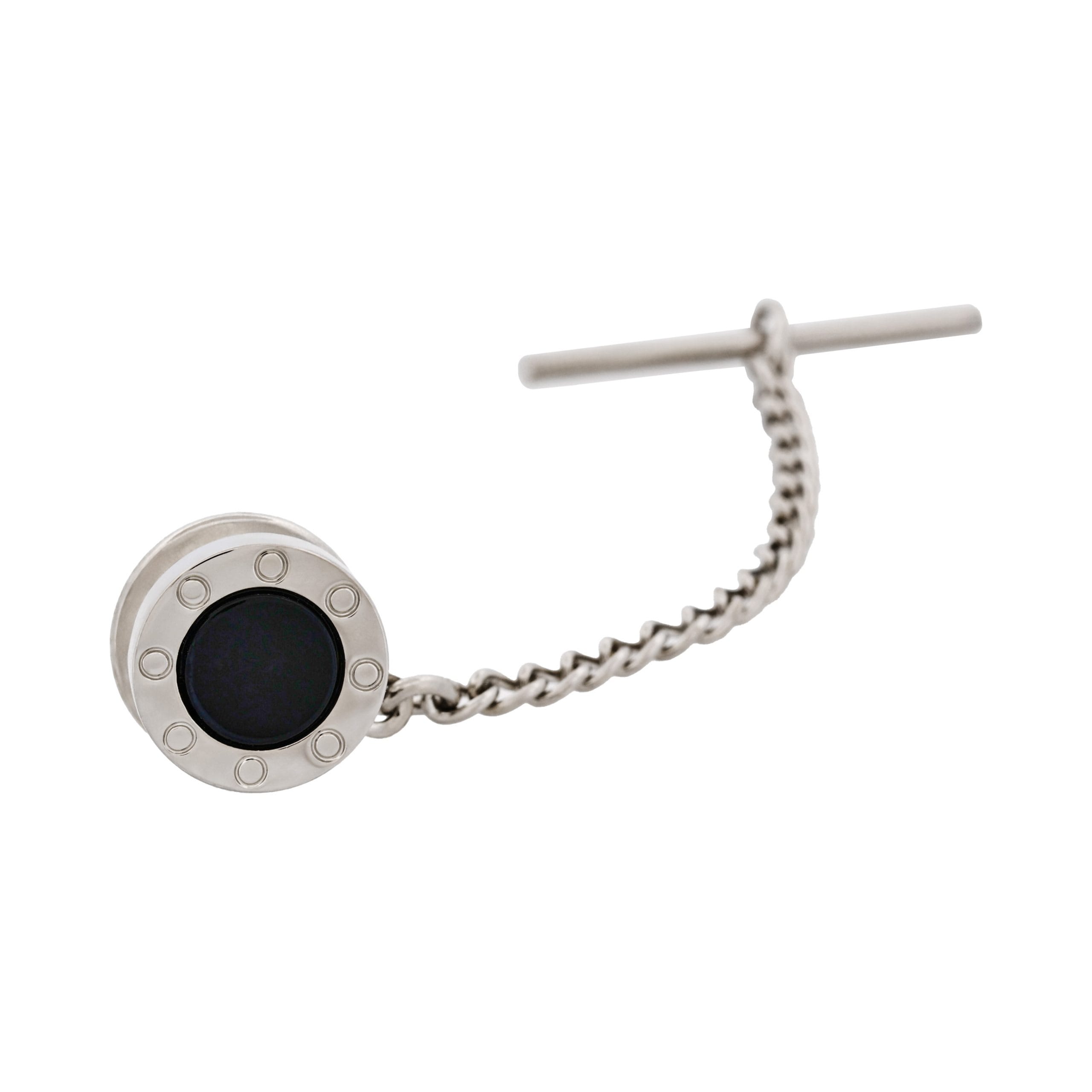 Rhodium Plated & Onyx Tie Tak & Chain