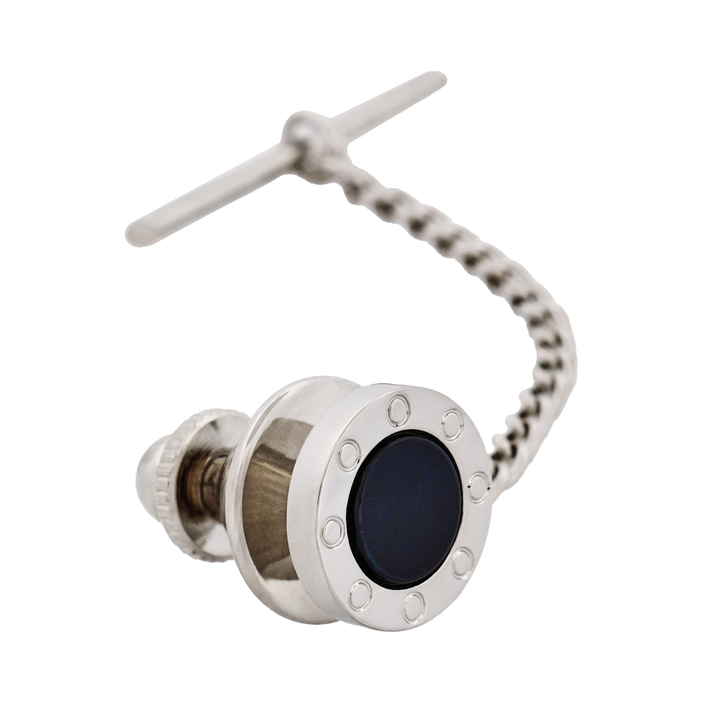 Rhodium Plated & Onyx Tie Tak & Chain