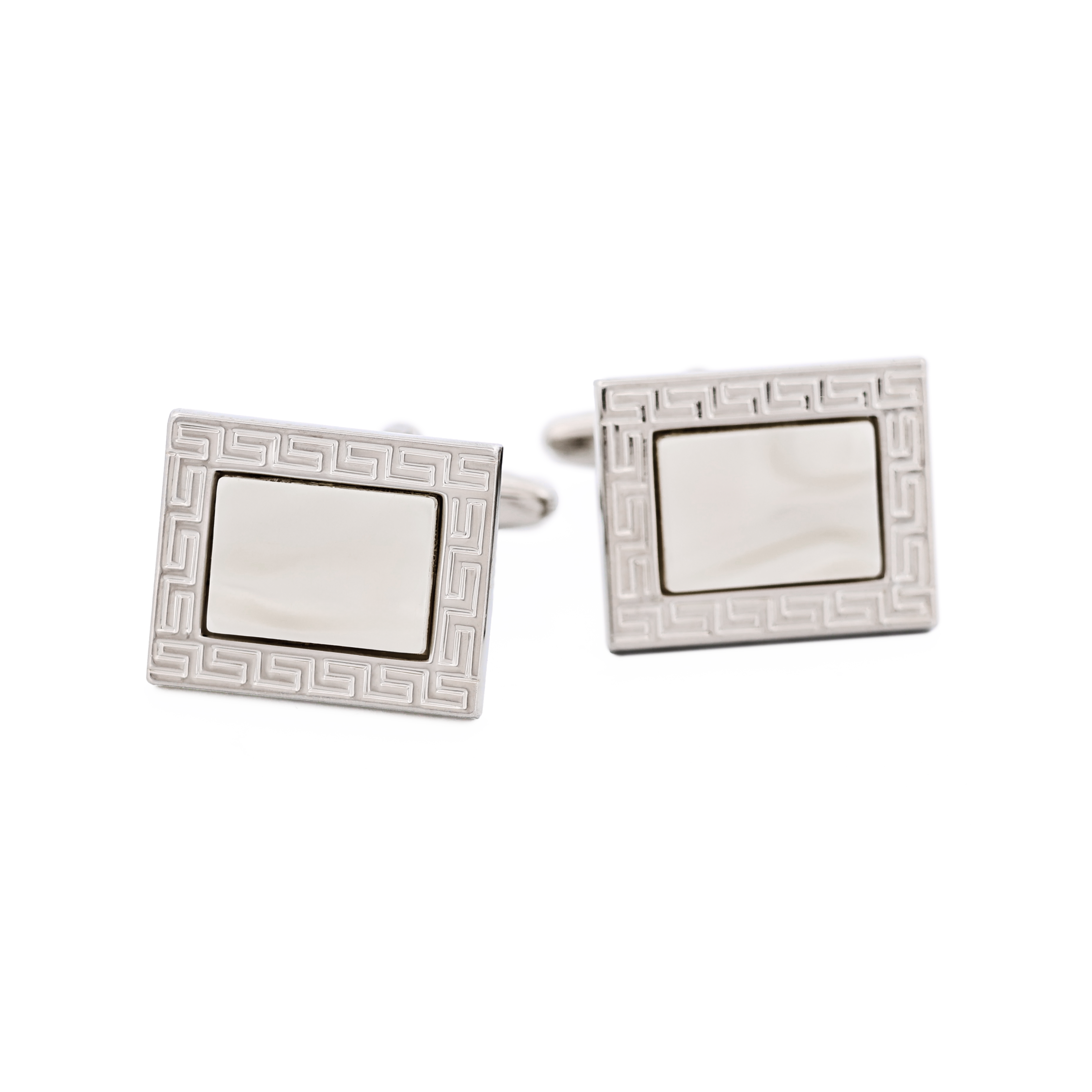 Rhodium Plated & White with Greek Key Pattered Cufflinks