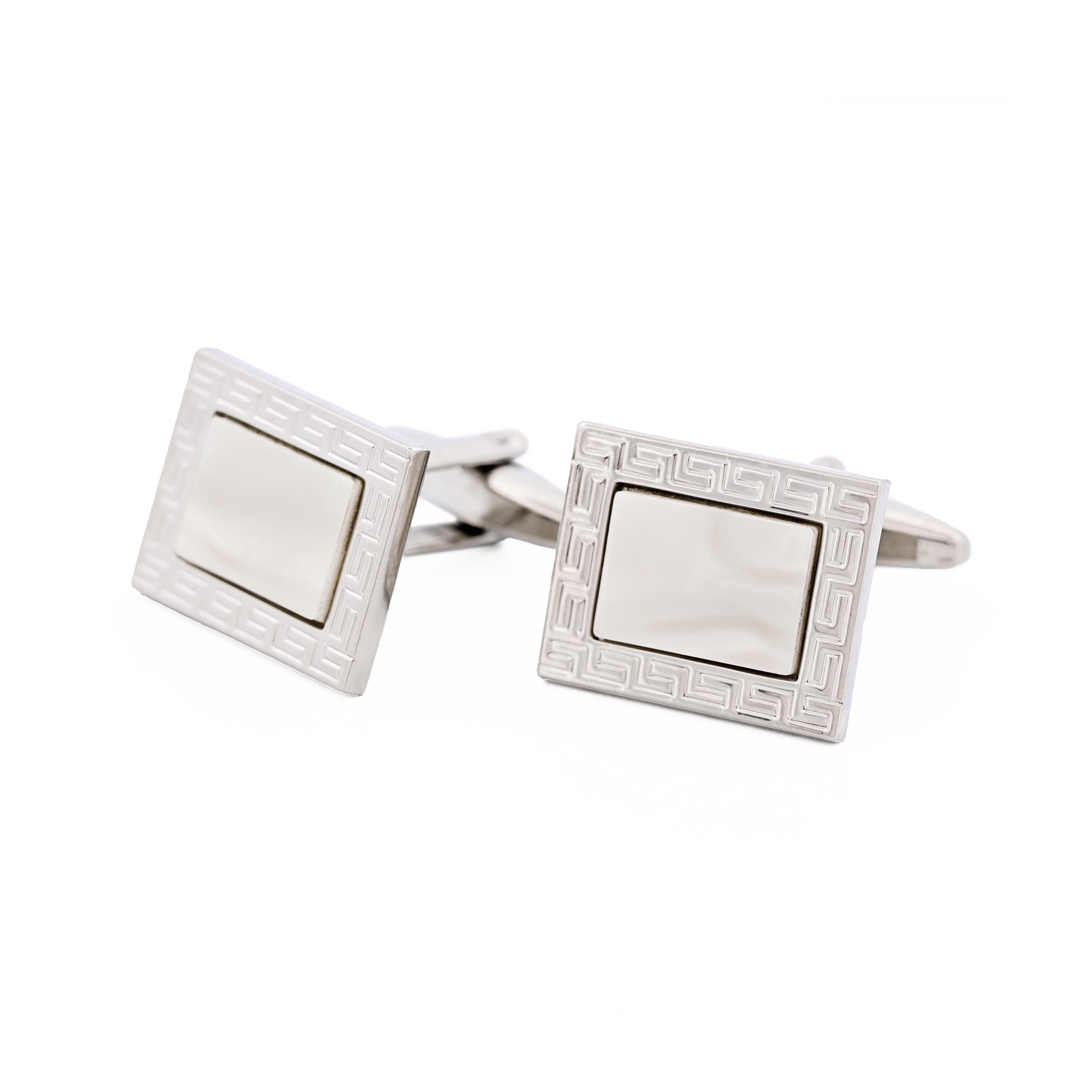 Rhodium Plated & White with Greek Key Pattered Cufflinks