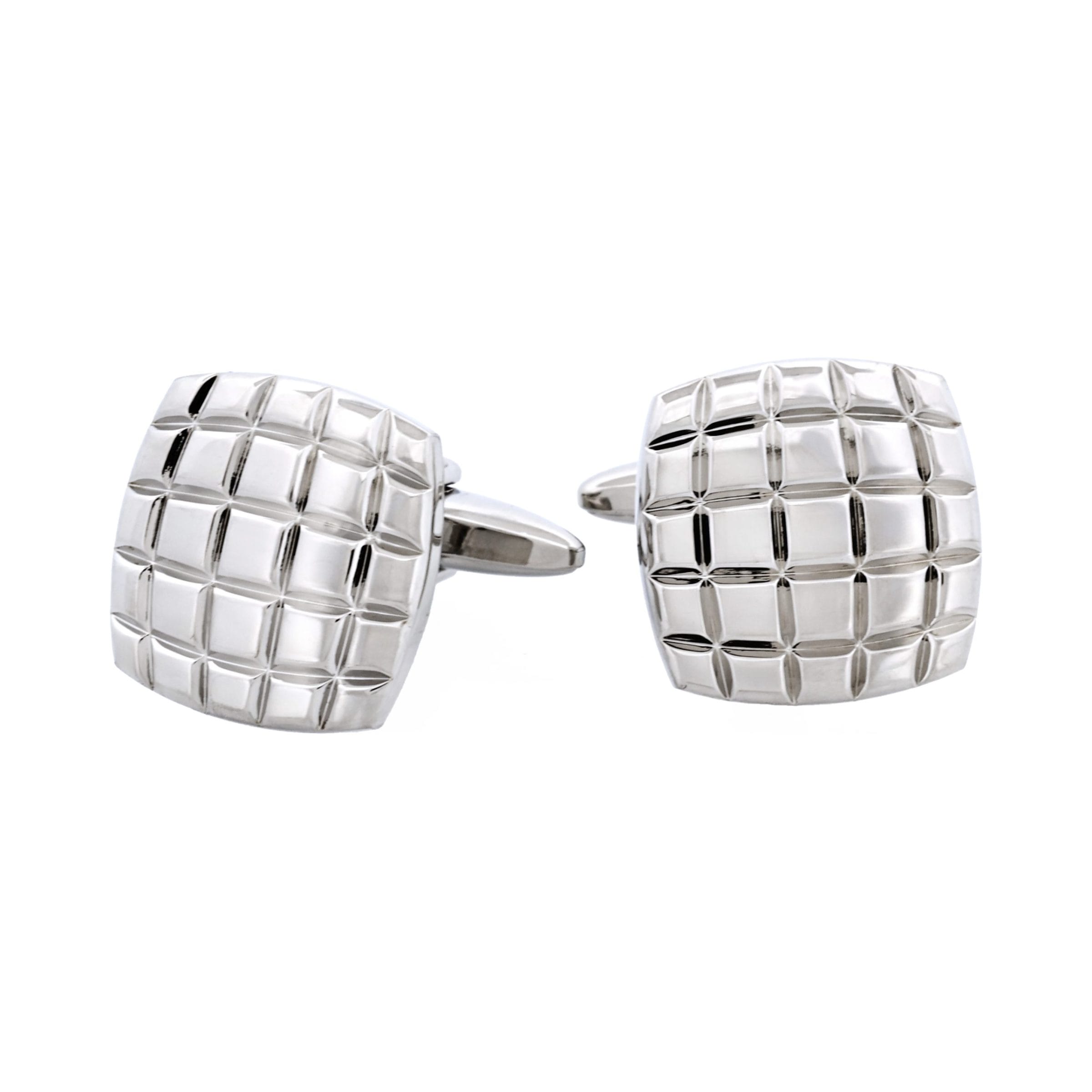 Rhodium Plated Grid-Cut Cushion Shape Cufflinks
