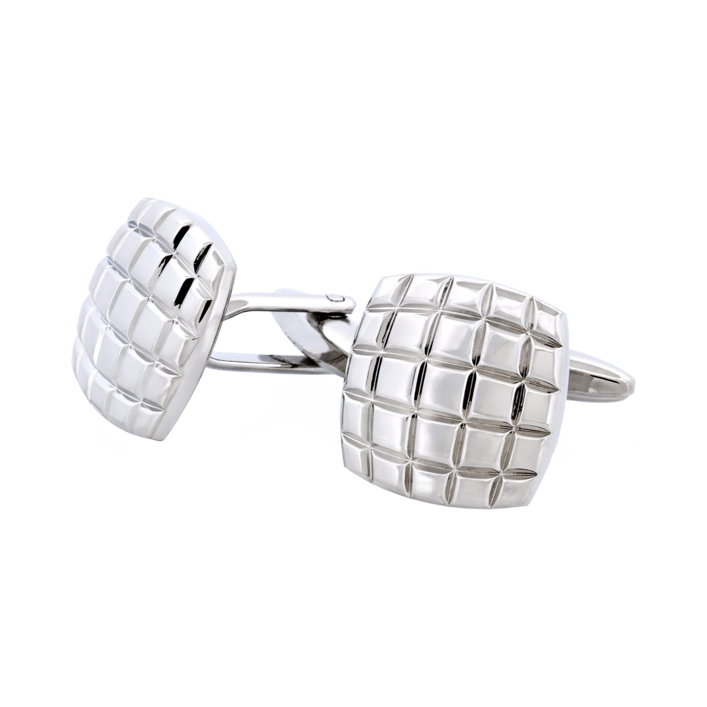 Rhodium Plated Grid-Cut Cushion Shape Cufflinks