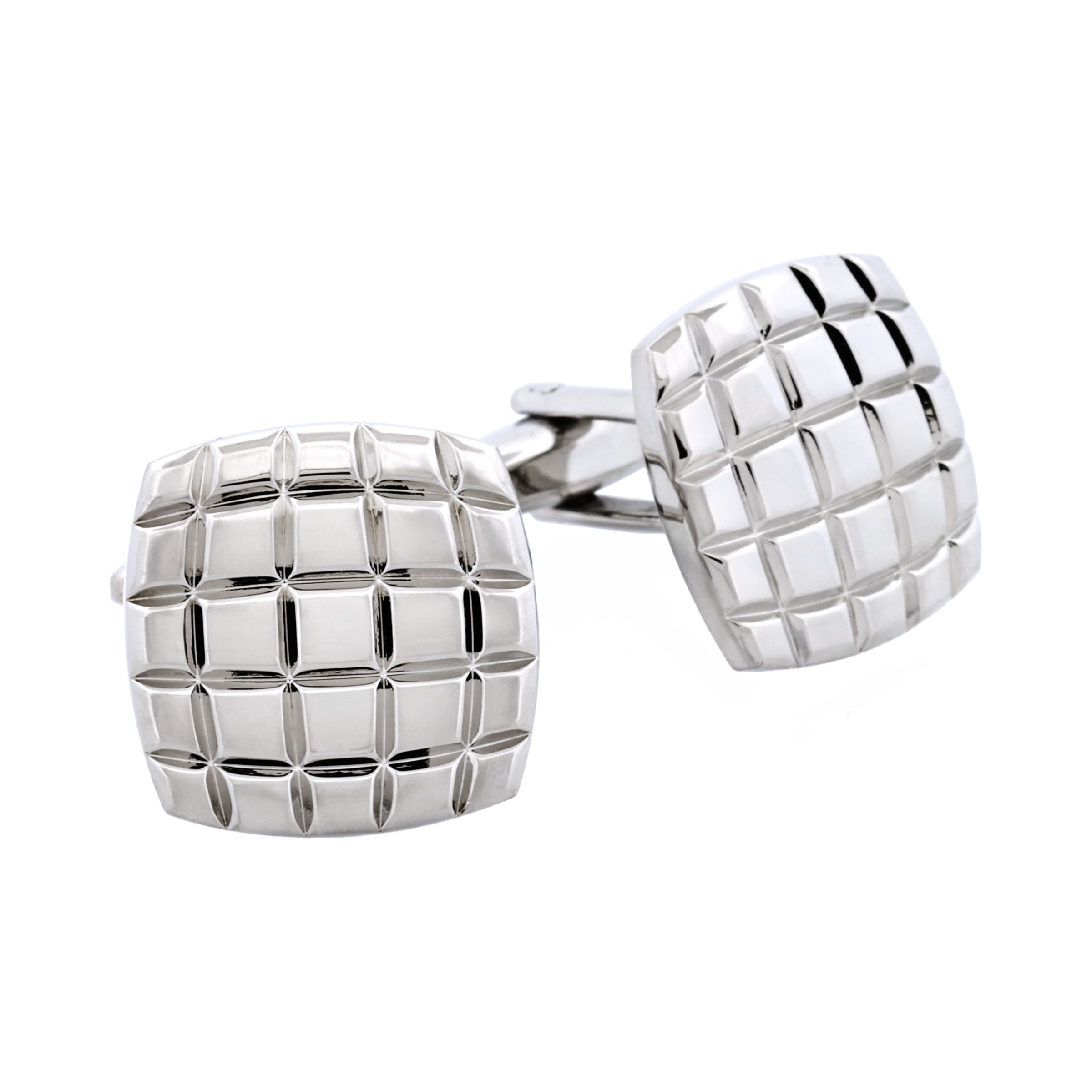 Rhodium Plated Grid-Cut Cushion Shape Cufflinks