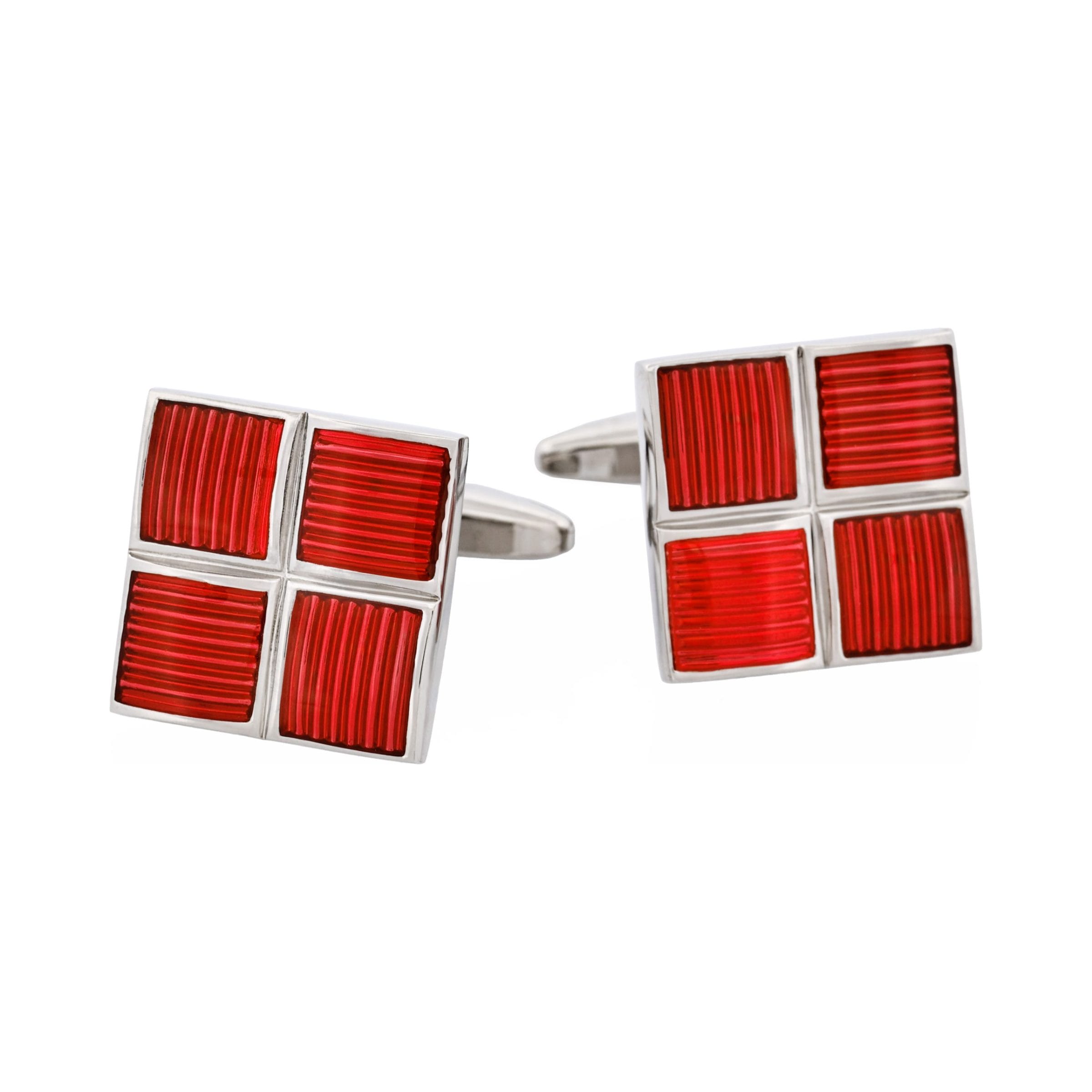 Polished Rhodium Plated Square Cufflinks with 4 Crimson Enamel Inlays