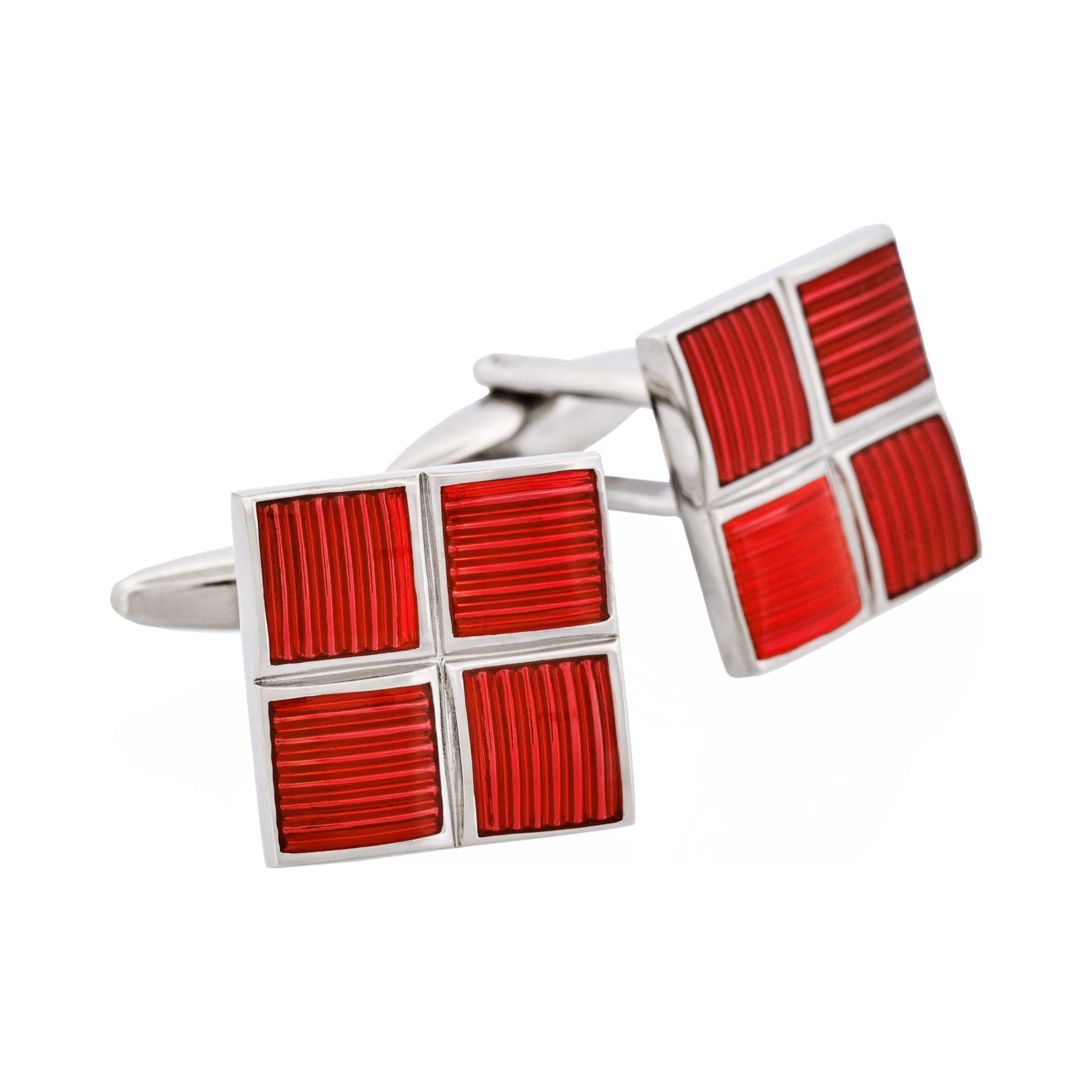 Polished Rhodium Plated Square Cufflinks with 4 Crimson Enamel Inlays