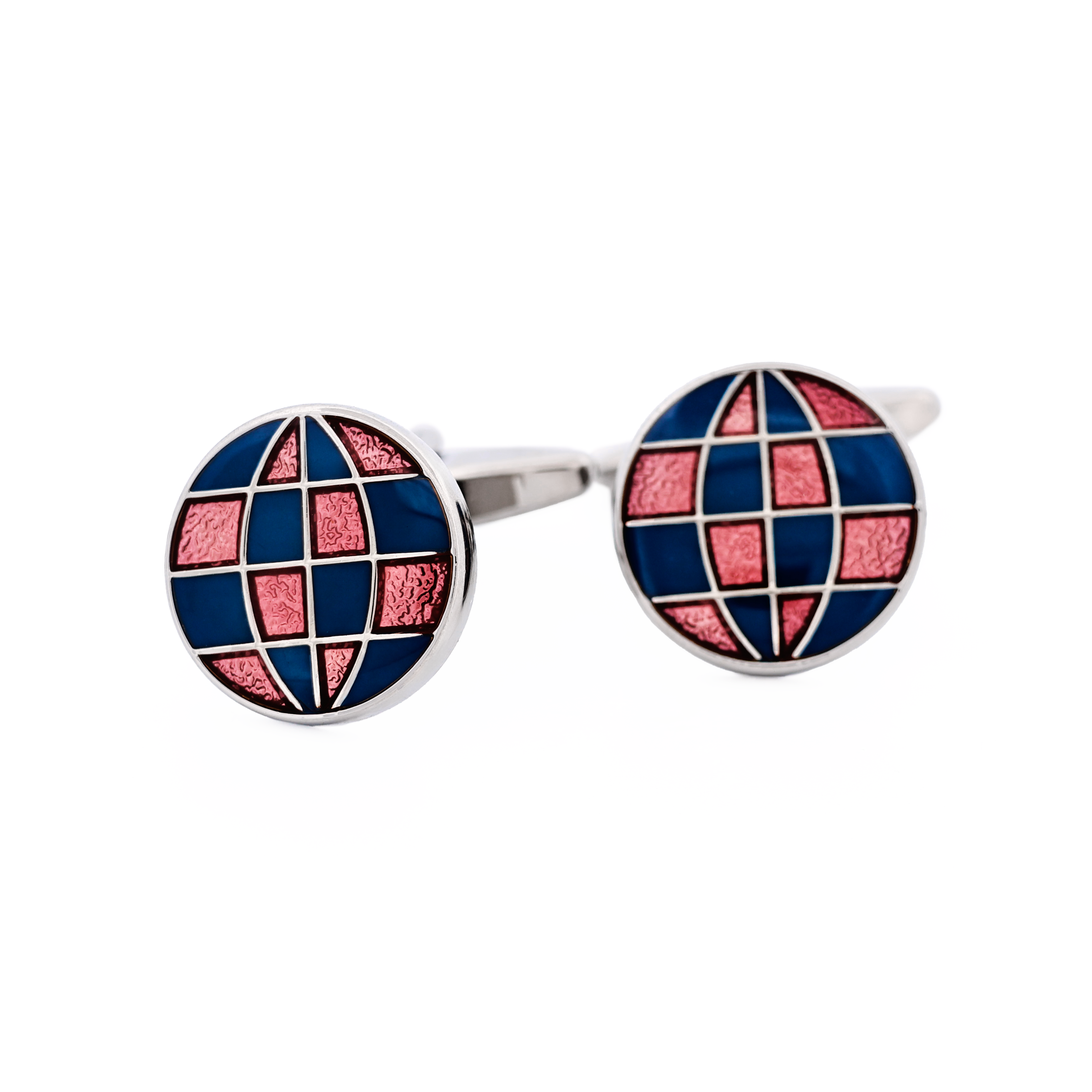 Polished Rhodium Plated Round Cufflinks with Blue & Red Enamel Checked Inlay