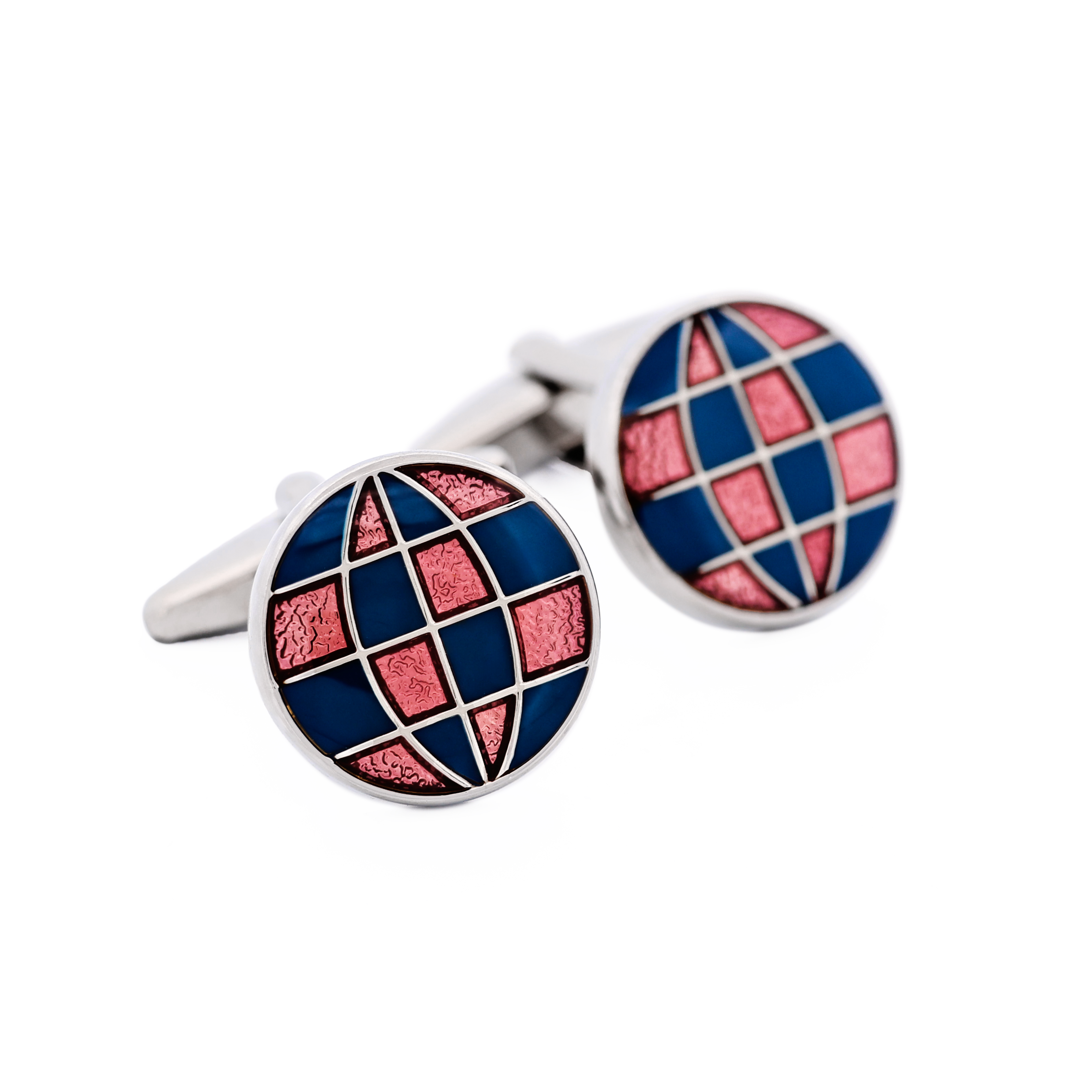 Polished Rhodium Plated Round Cufflinks with Blue & Red Enamel Checked Inlay