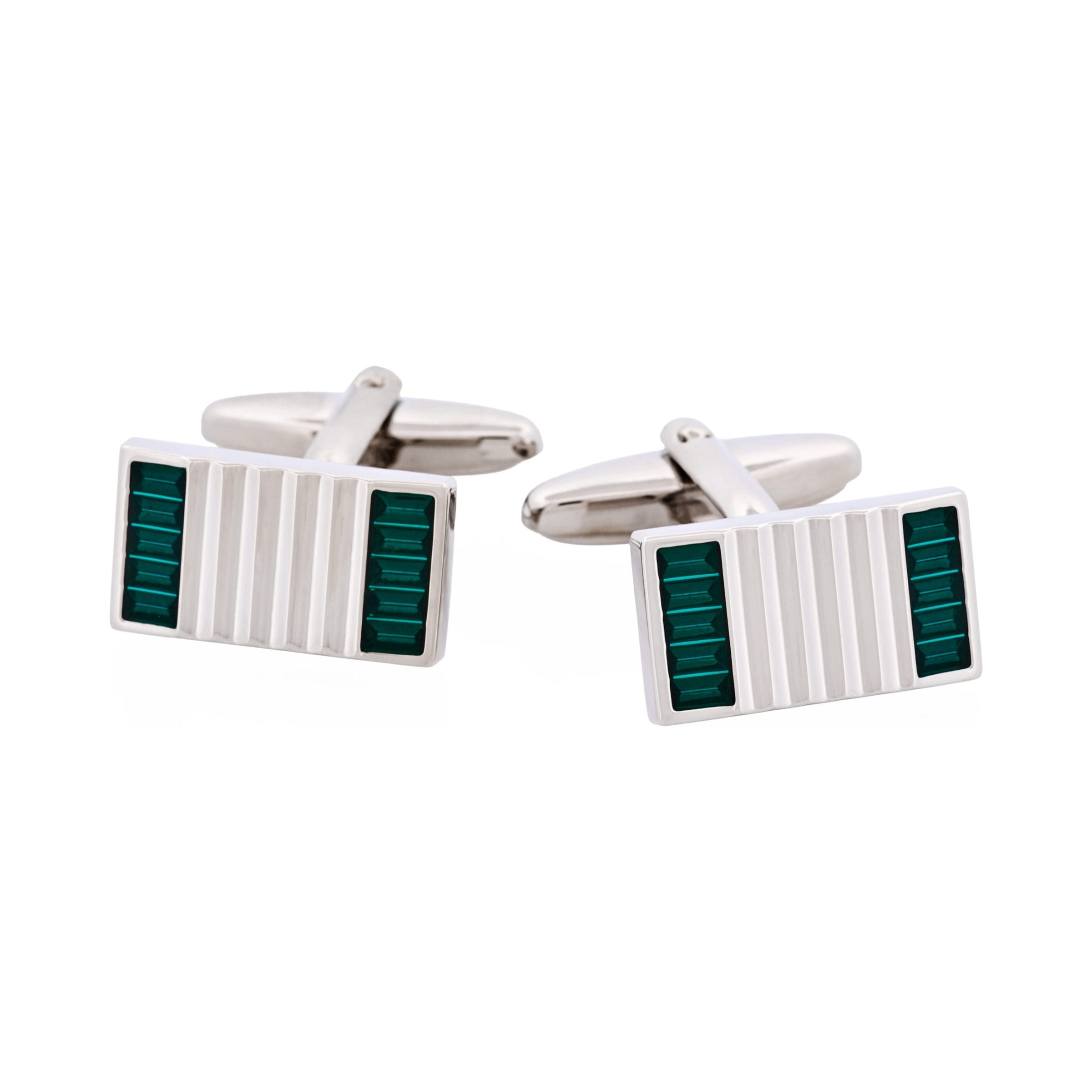 Polished Rhodium Plated Ribbed Rectangle Cufflinks with Teal Enamel Inlays