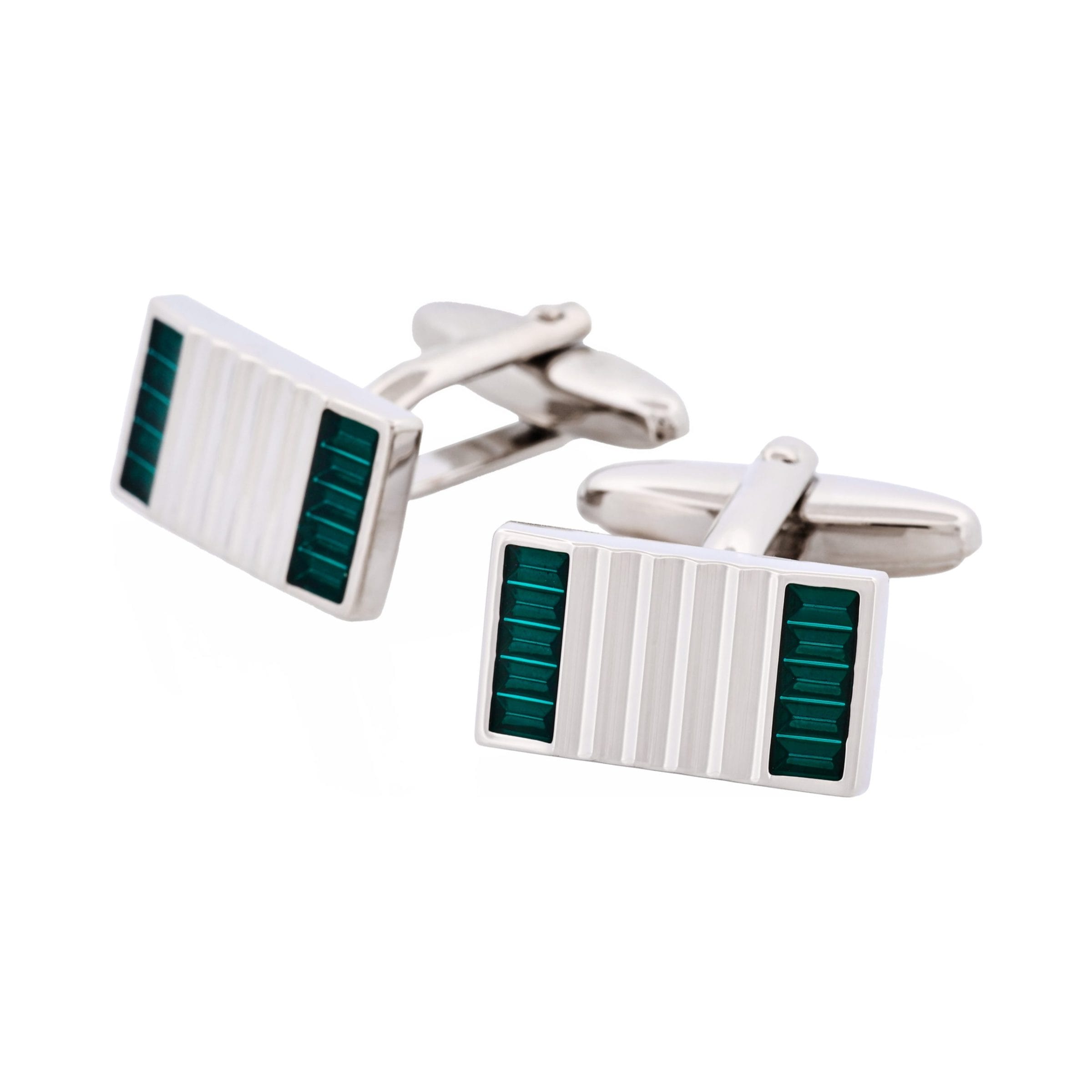 Polished Rhodium Plated Ribbed Rectangle Cufflinks with Teal Enamel Inlays
