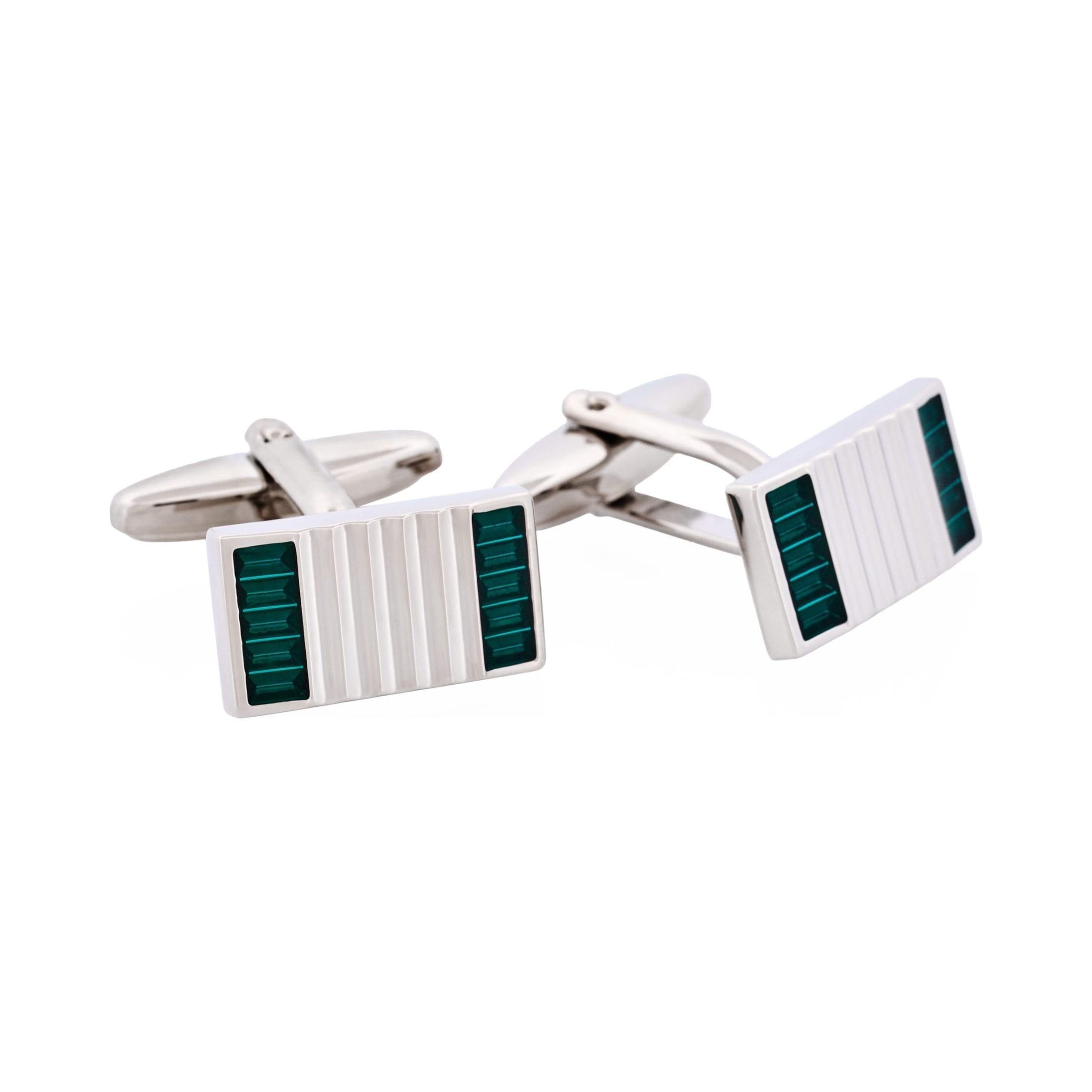 Polished Rhodium Plated Ribbed Rectangle Cufflinks with Teal Enamel Inlays