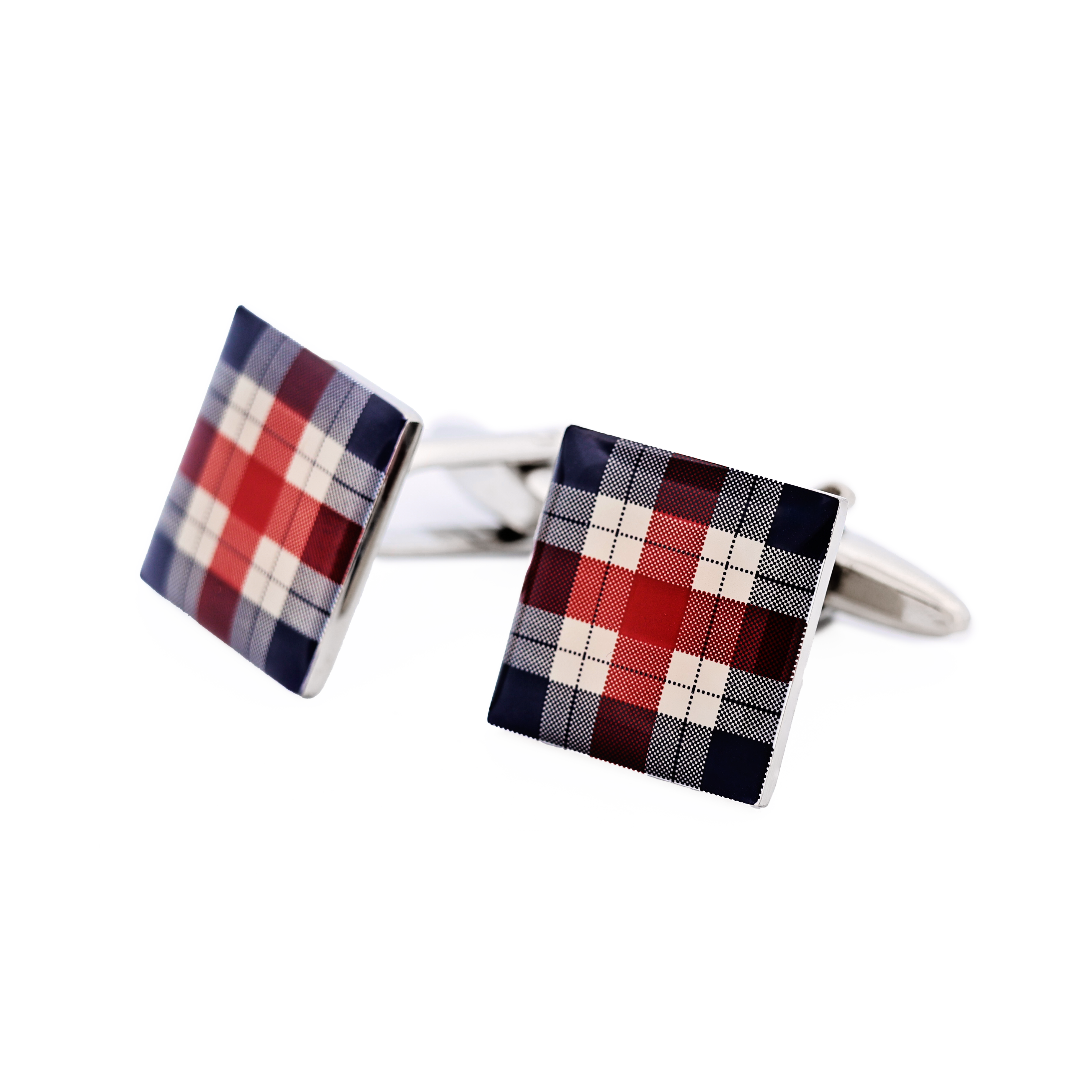 Polished Rhodium Plated Square Cufflinks with Red White & Blue Tartan Pattern Enamel