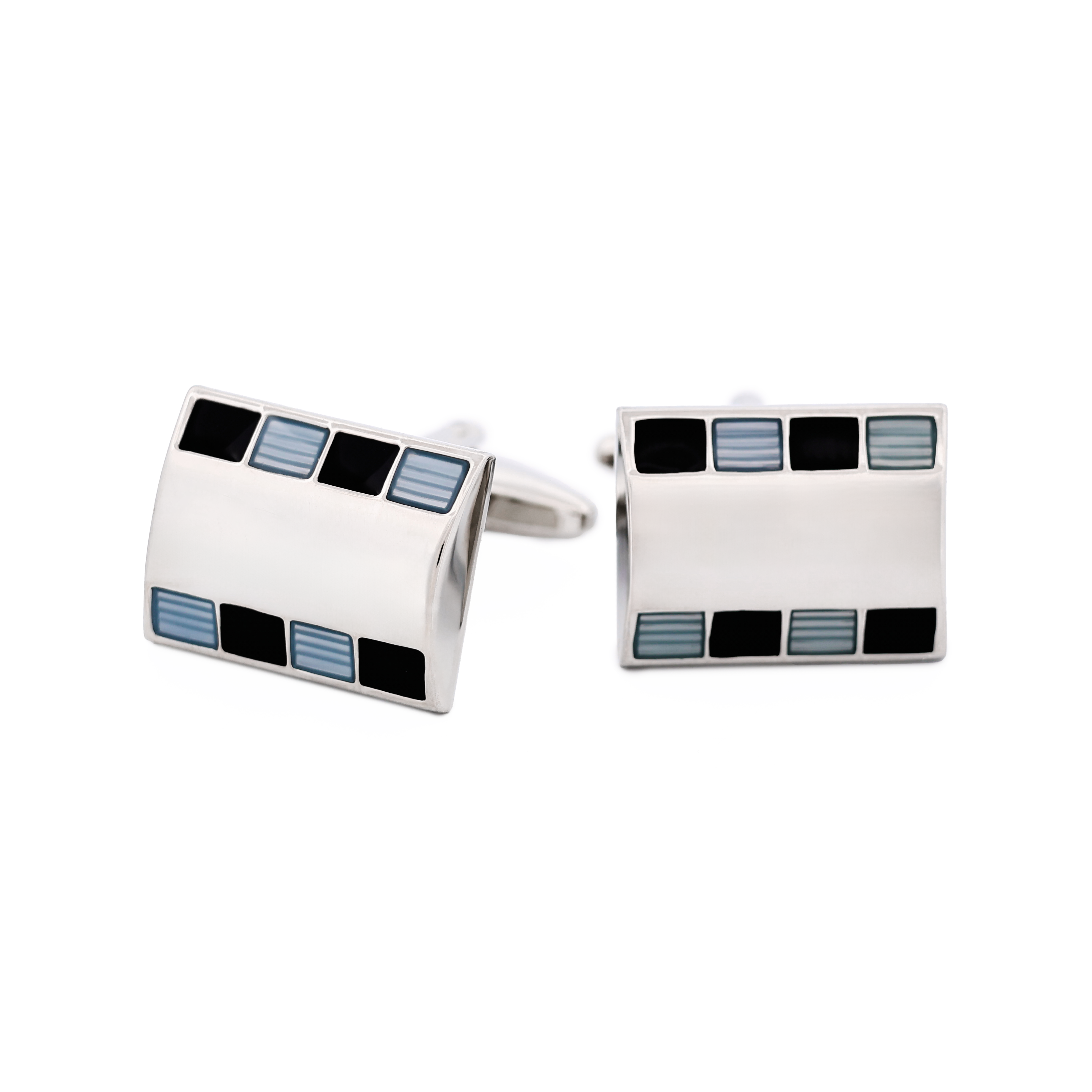 Polished Rhodium Plated Rectangle Cufflinks with Small Square Blue & Black Enamel Inlays