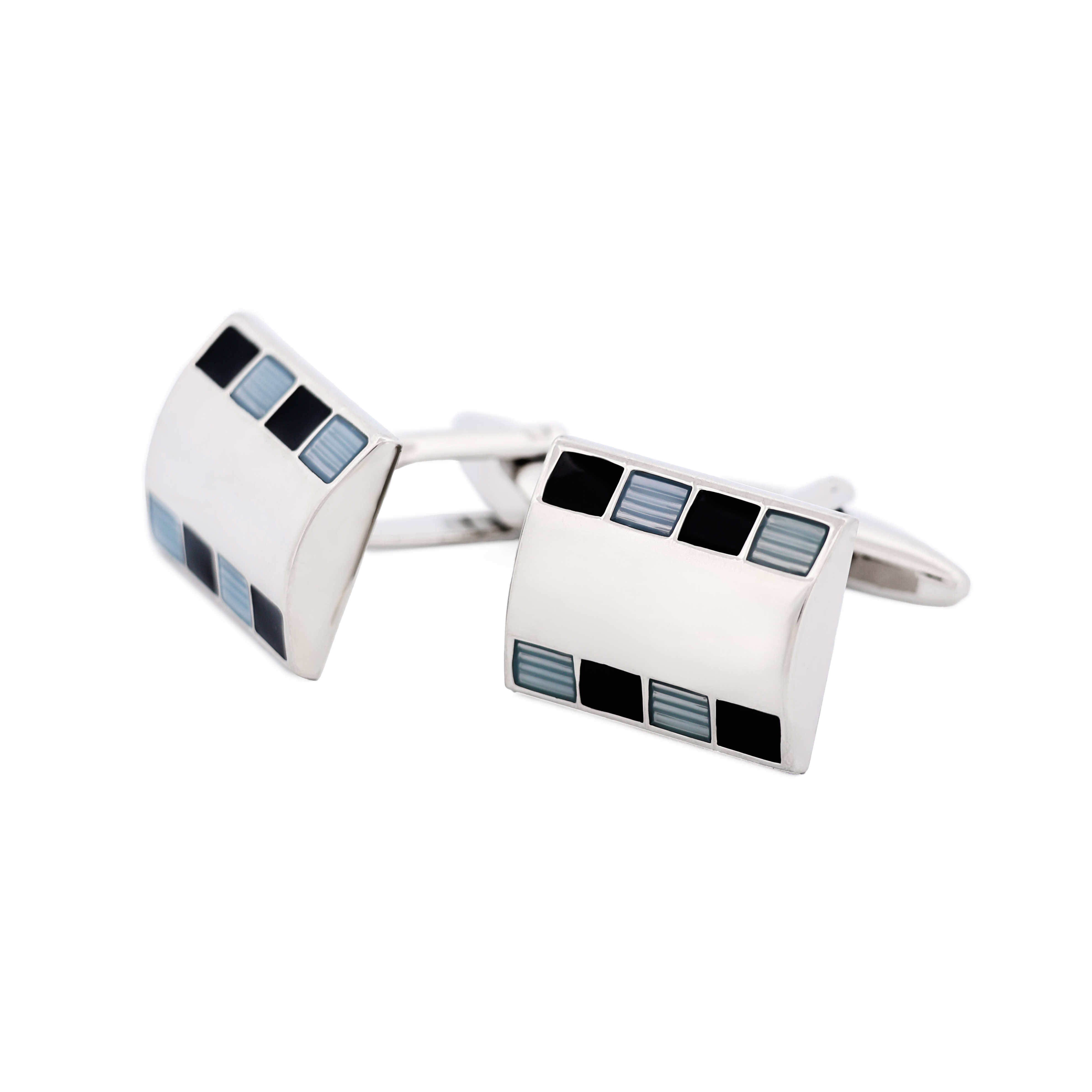 Polished Rhodium Plated Rectangle Cufflinks with Small Square Blue & Black Enamel Inlays