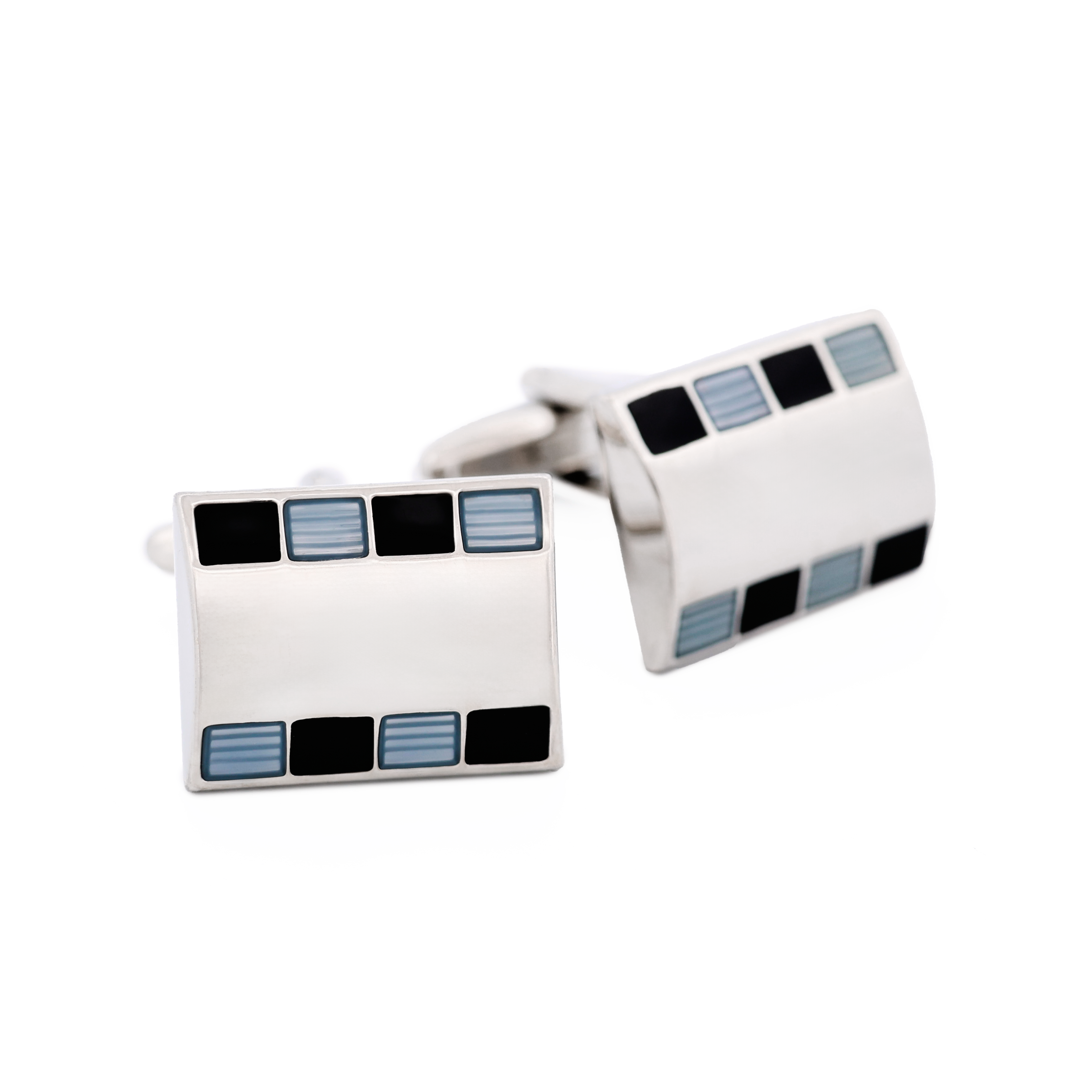 Polished Rhodium Plated Rectangle Cufflinks with Small Square Blue & Black Enamel Inlays