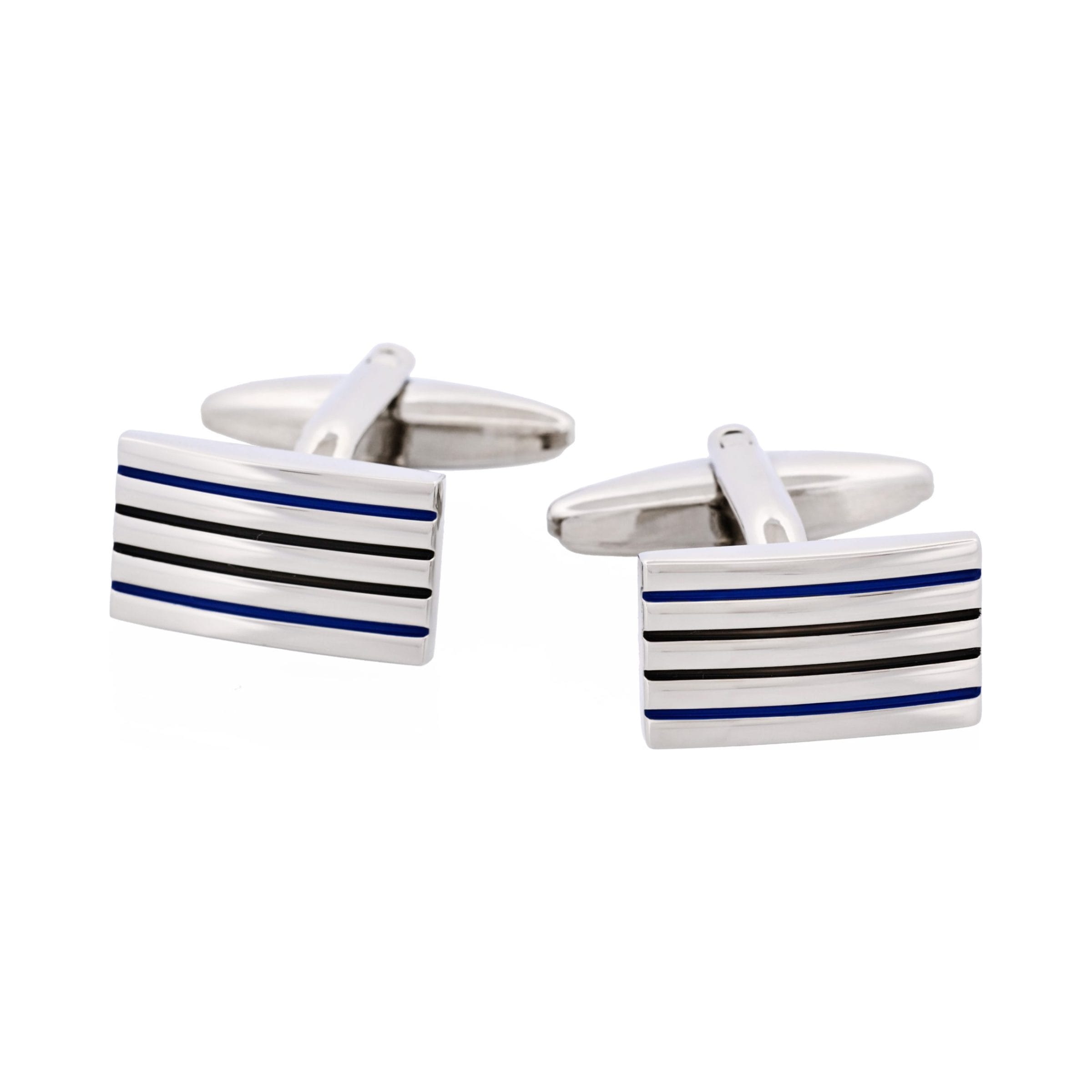 Polished Rhodium Plated Rectangle Cufflinks with Black & Blue Striped Enamel Inlays
