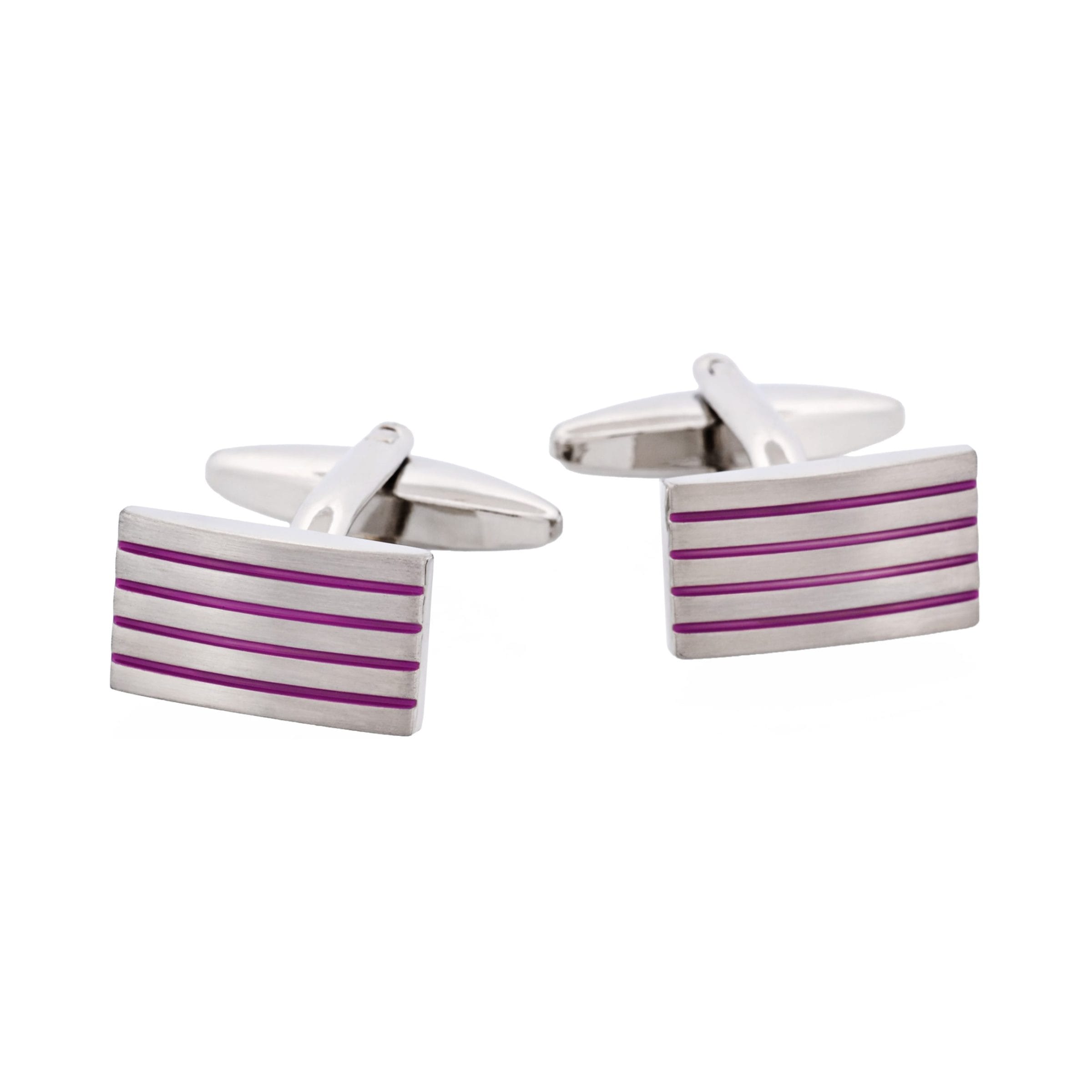 Brushed Rhodium Plated Rectangle Cufflinks with Fuchsia Striped Enamel Inlays
