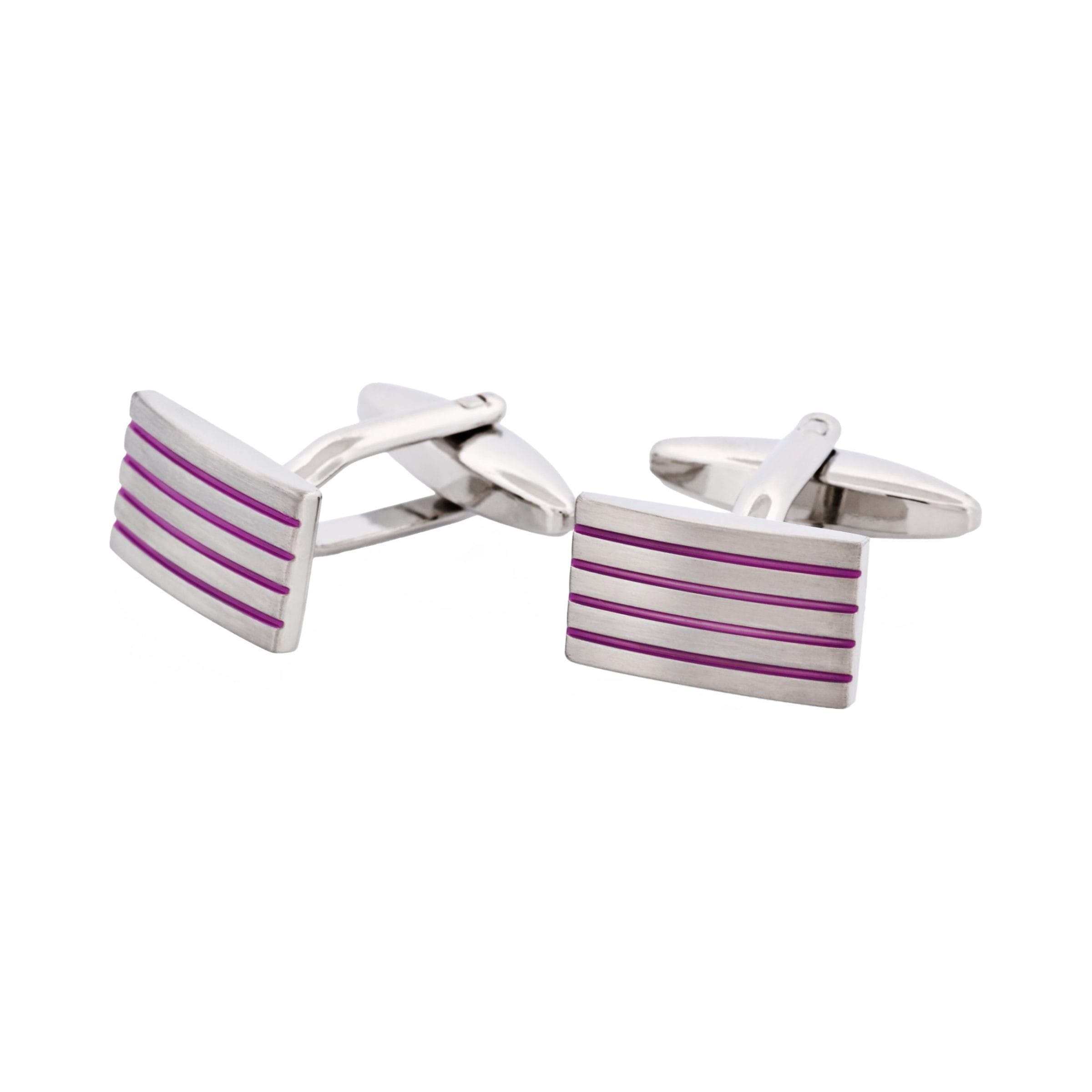 Brushed Rhodium Plated Rectangle Cufflinks with Fuchsia Striped Enamel Inlays