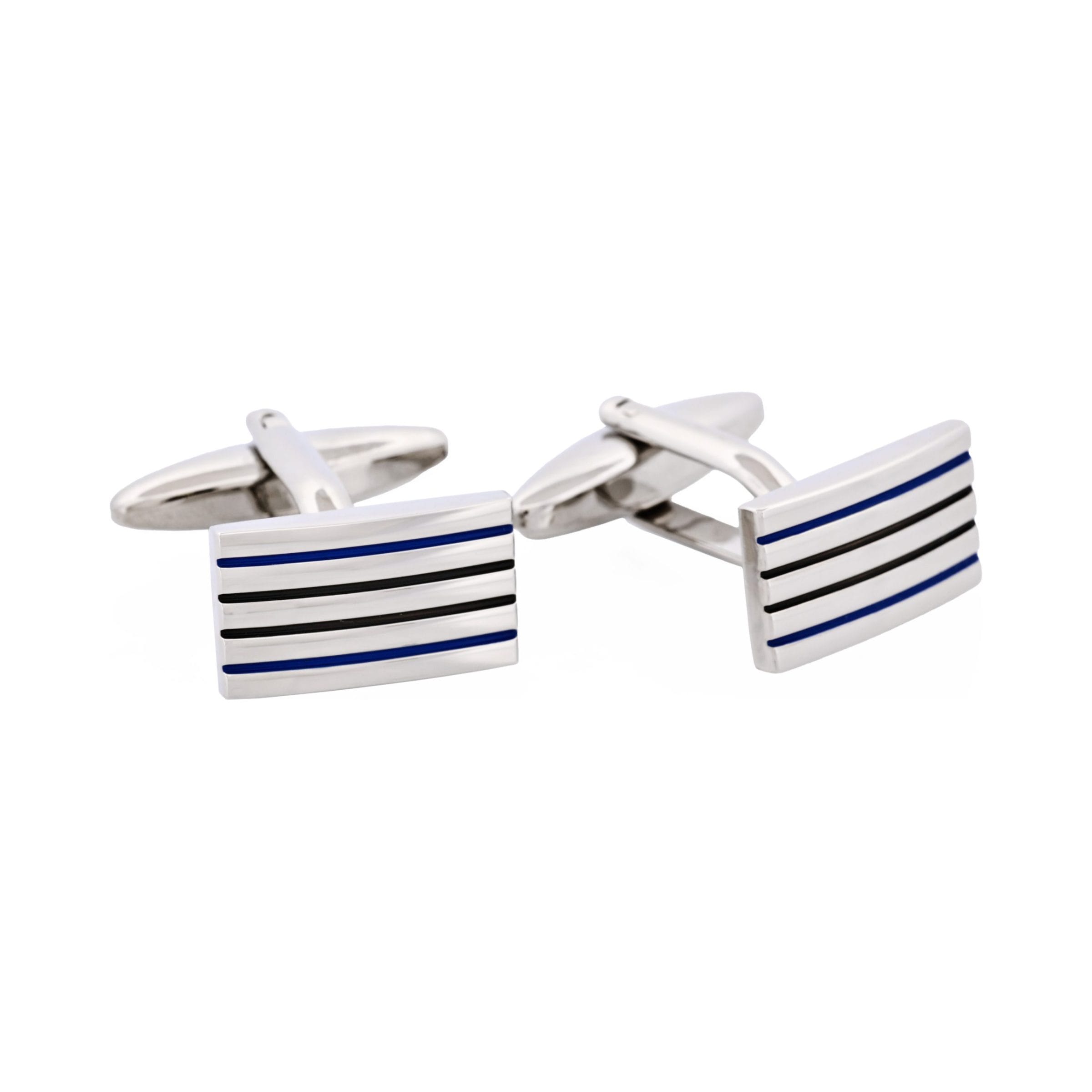 Polished Rhodium Plated Rectangle Cufflinks with Black & Blue Striped Enamel Inlays