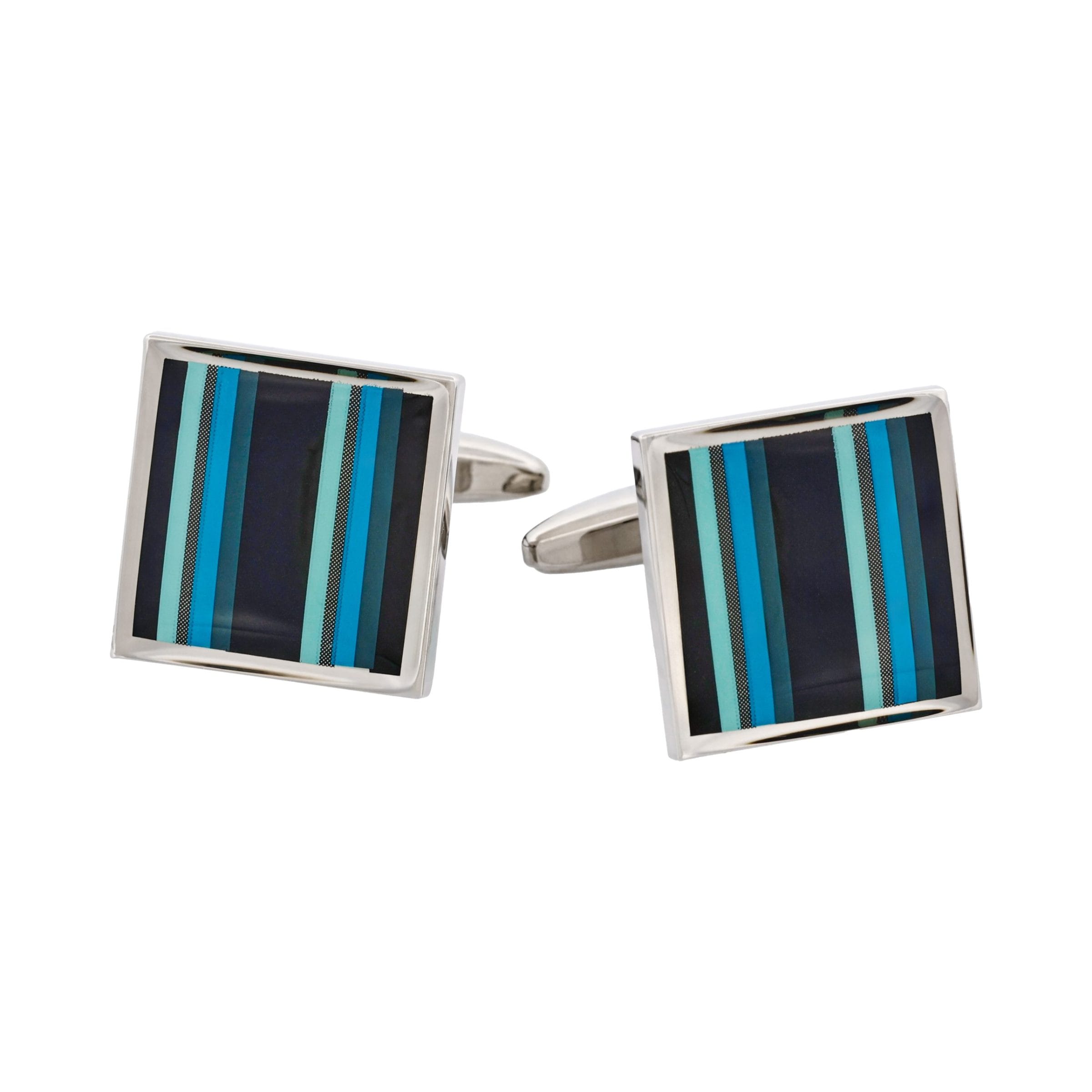 Polished Rhodium Plated Square Cufflinks with Black Grey Mint & Azure Striped Enamel