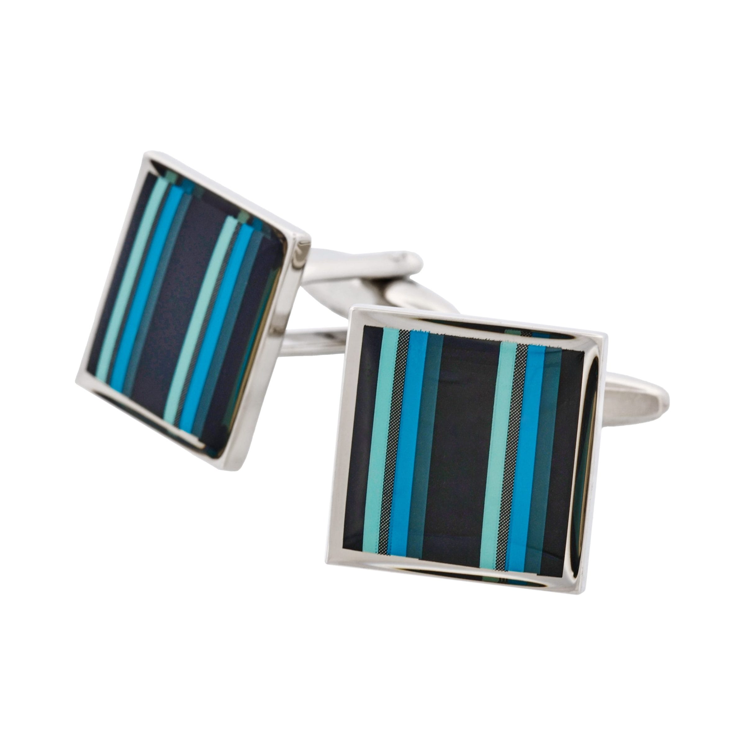 Polished Rhodium Plated Square Cufflinks with Black Grey Mint & Azure Striped Enamel